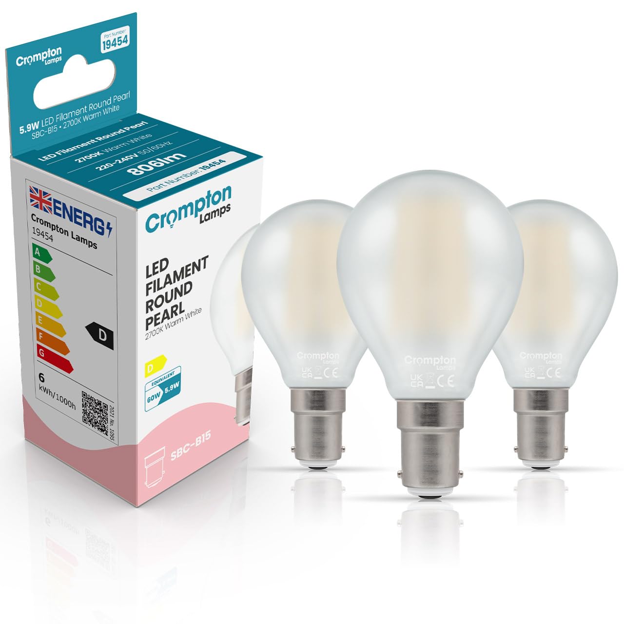 Crompton Lamps Filament Golfball LED Light Bulb SBC-B15d | 5.9W = 60W Equivalent | Warm White 2700K | Energy Efficient | Small Bayonet Lightbulb | Pearl Glass | Dimmable | 3-Pack