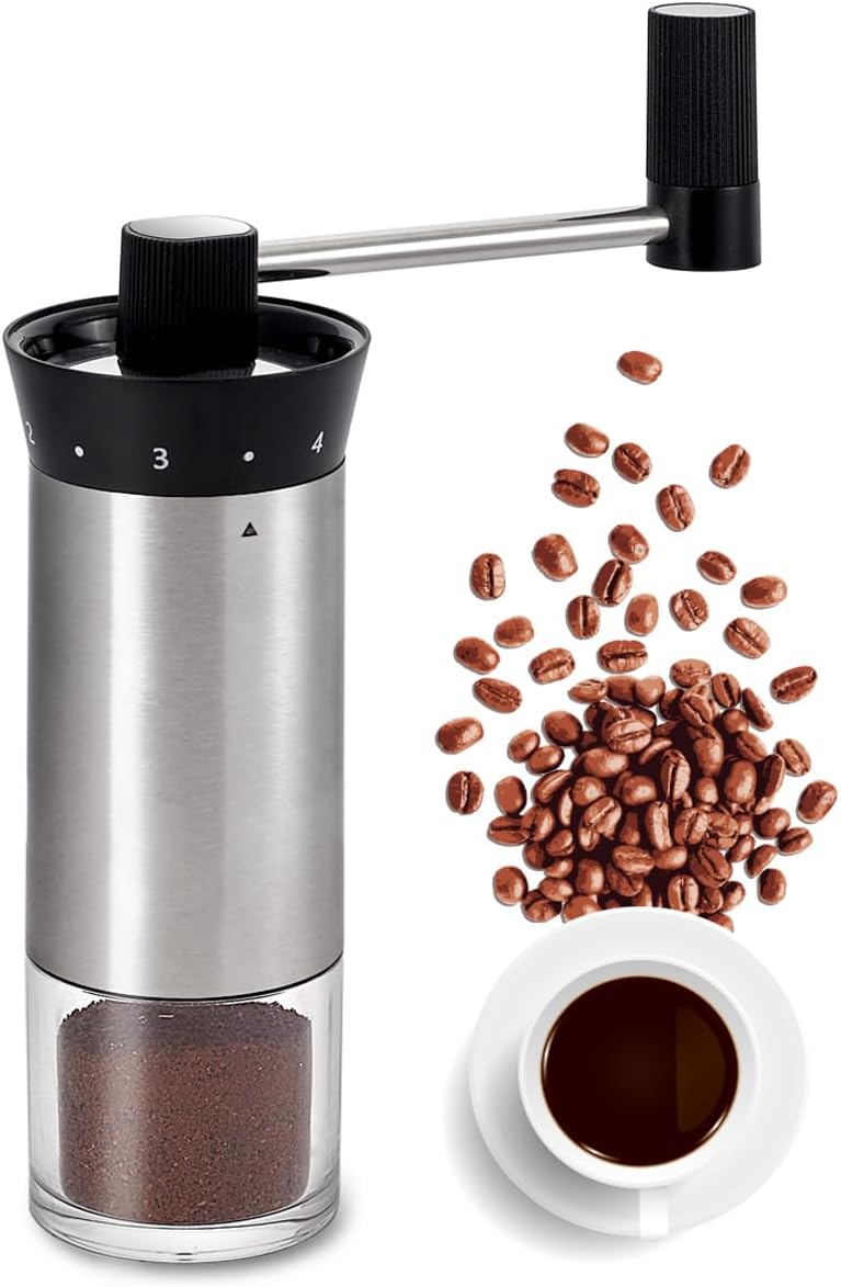 LHS Manual Coffee Grinder Stainless Steel Portable Hand Crank Coffee Mill Grinder Ceramic Conical Burr with Adjustable Coarseness for Home, Office or Traveling