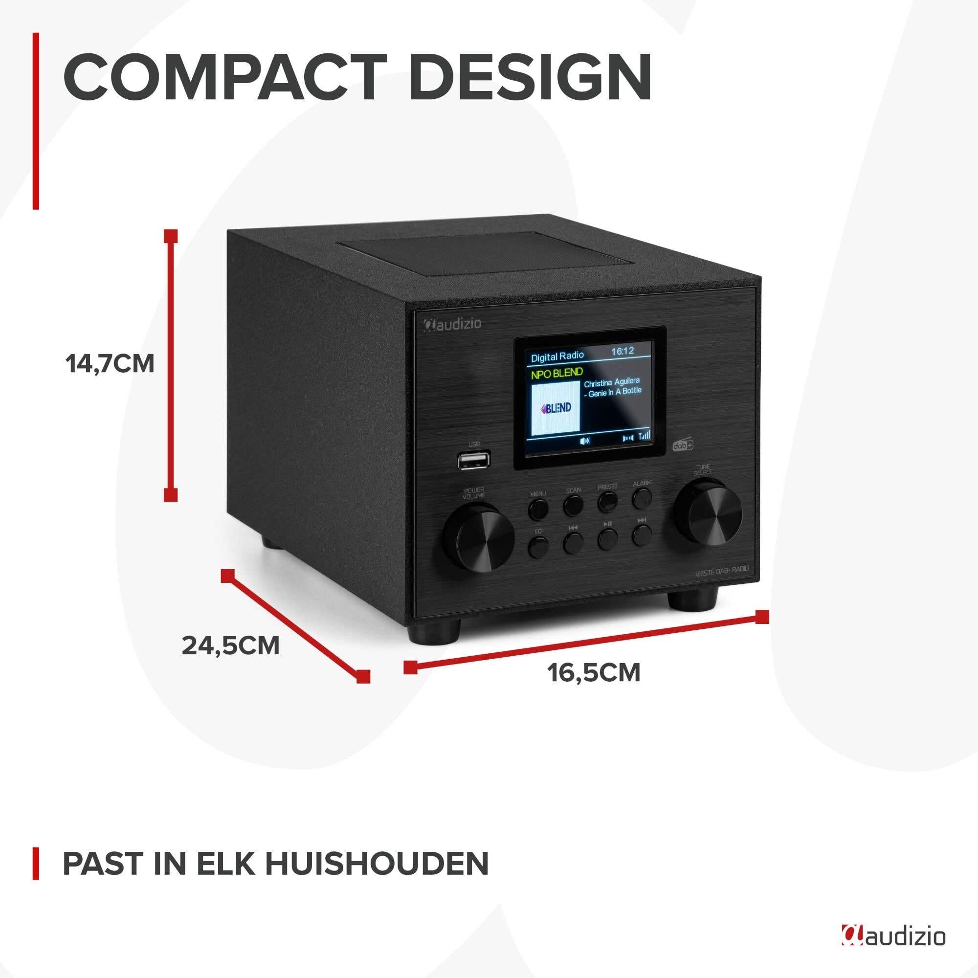 Audizio Vieste - Radio DAB+ con Bluetooth, subwoofer 60 W, FM, USB MP3, ingresso AUX, doppia sveglia, telecomando, design moderno e compatto, colore nero