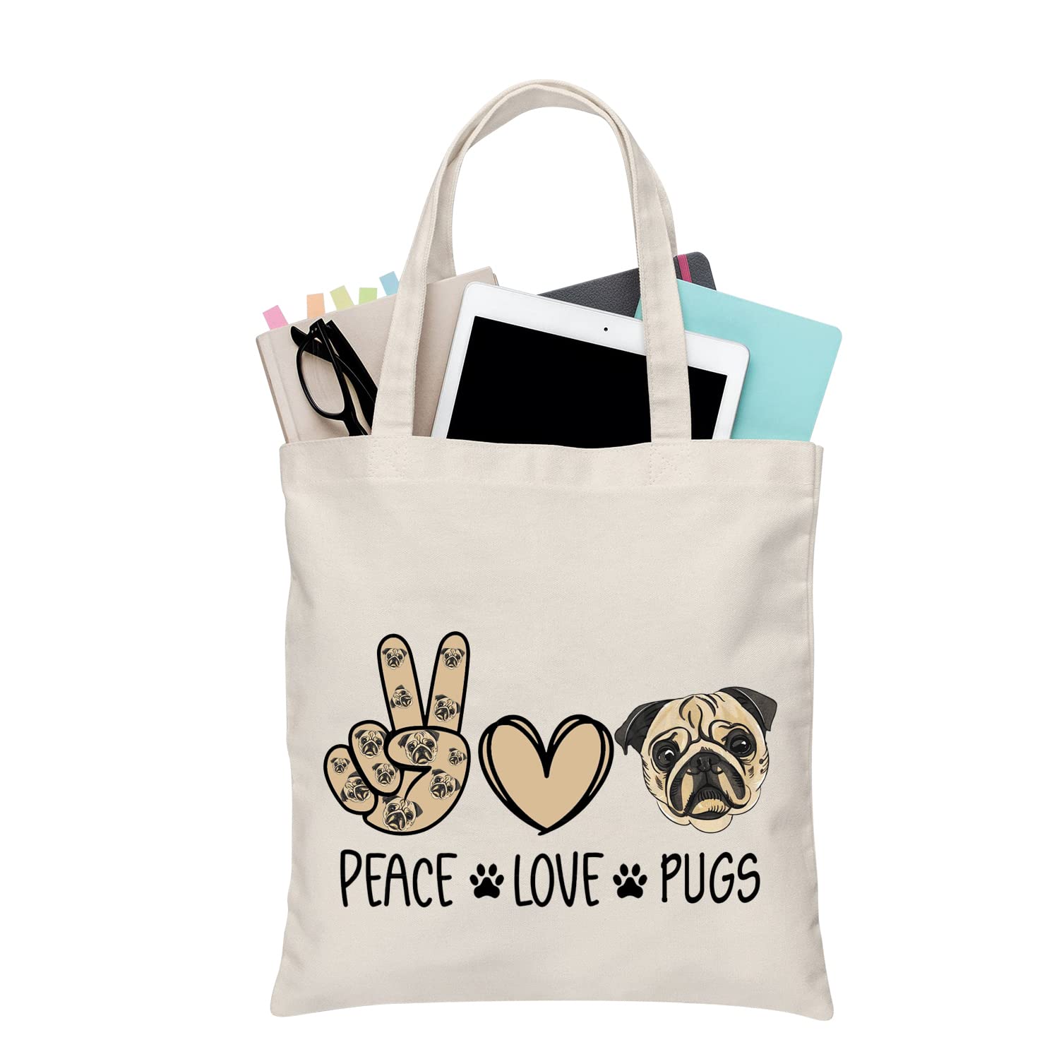 BDPWSS Pug Tote Bag For Pug Dog Lover Gift Pug Mom Gift Crazy Pug Lady Gift Pug Dog Owner Gift Peace Love Pugs Travel Pouch