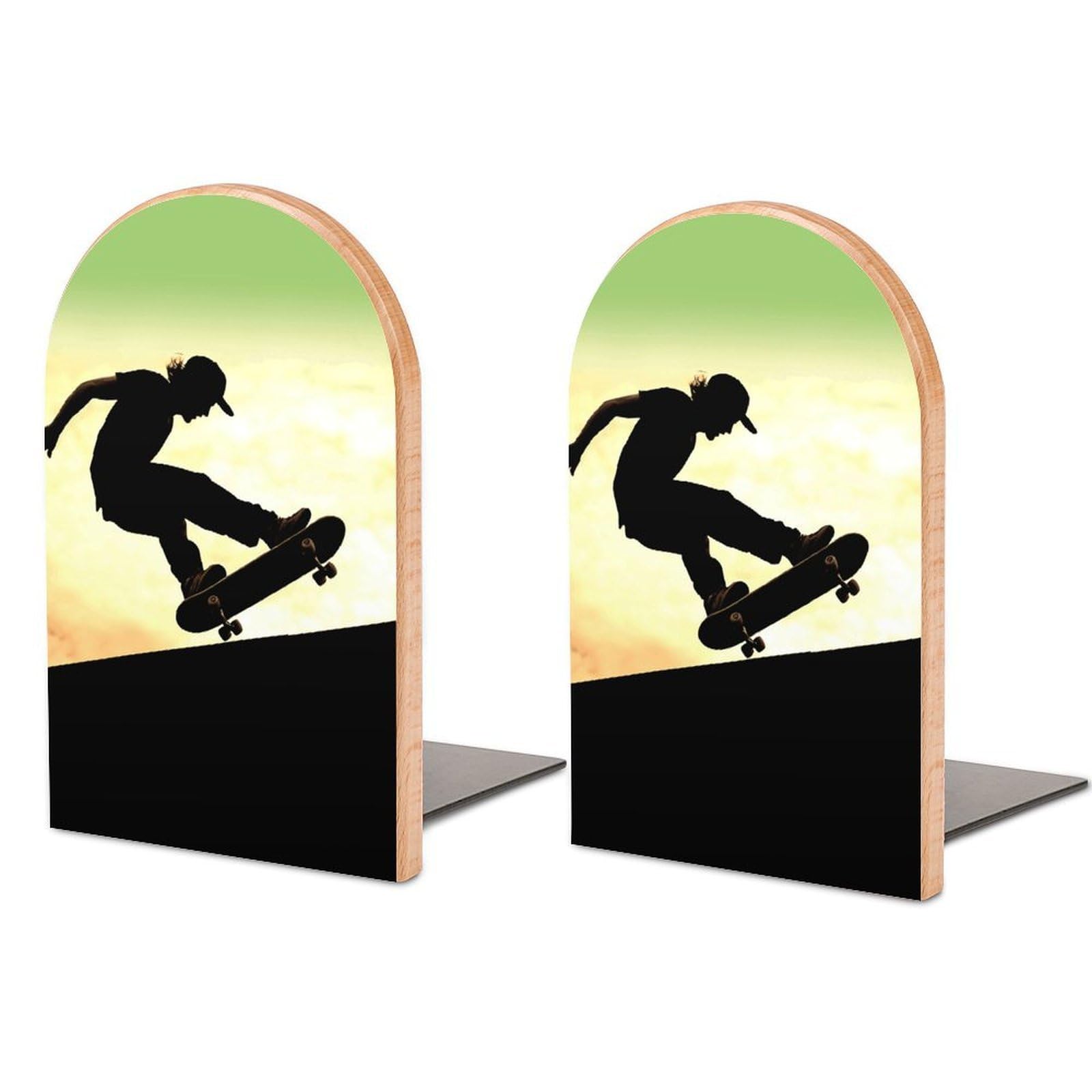 Beech Wood Book Ends Skateboard Printed Bookend for Shelves Home Decorative Bookends for Heavy Books for Office Bookshelves