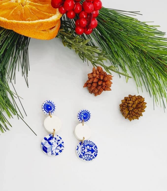 Miniatura 4 de Elegant Handmade Moroccan TileMiddle Eastern Style Blue and White Dangle Polymer Clay Earrings