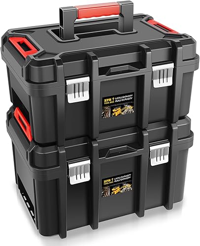 Miniatura 1 de Auto Dynasty 2 cajas de herramientas de almacenamiento universales con cerradura con bandeja extraíble para garaje, taller y hogar, alta capacidad,