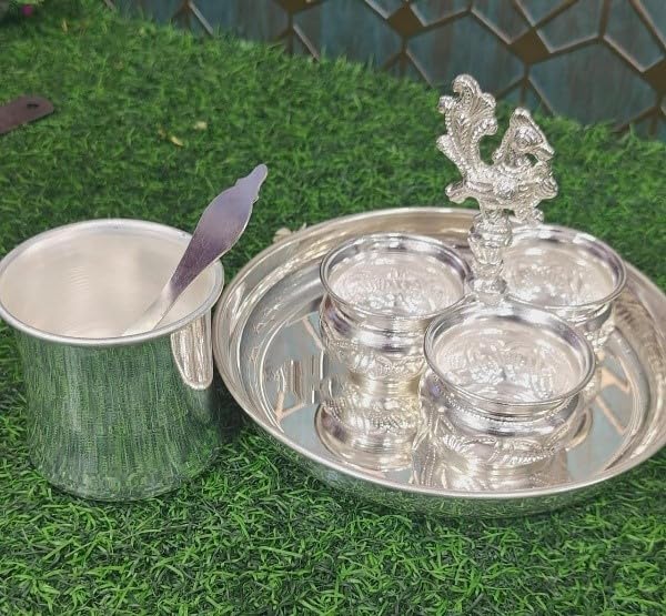 indiancraftbykanika German Silver Small Pooja thali Set of 4 Pieces for Housewarming Pooja