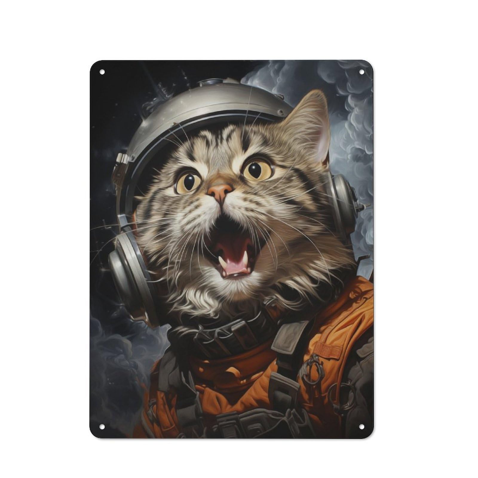 Character Decorative Tin Plaque 40x30cm Featuring Space Cat, Small Space Decor for Bedroom, Kitchen, Office Or Living Room