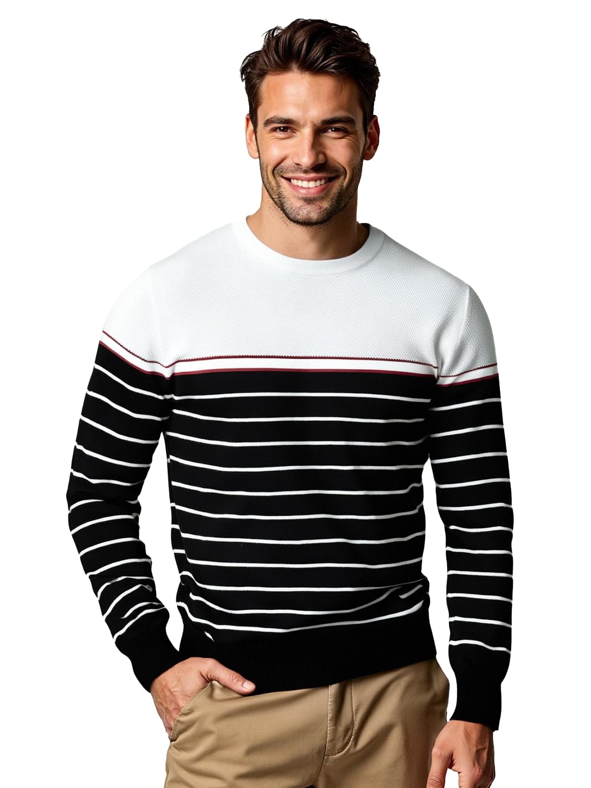Pull Rayé pour Homme Manches Longues col Rond Bloc de Couleur Tricoté Pull Décontracté Automne Hiver Pul Hauts à Porter au Quotidien
