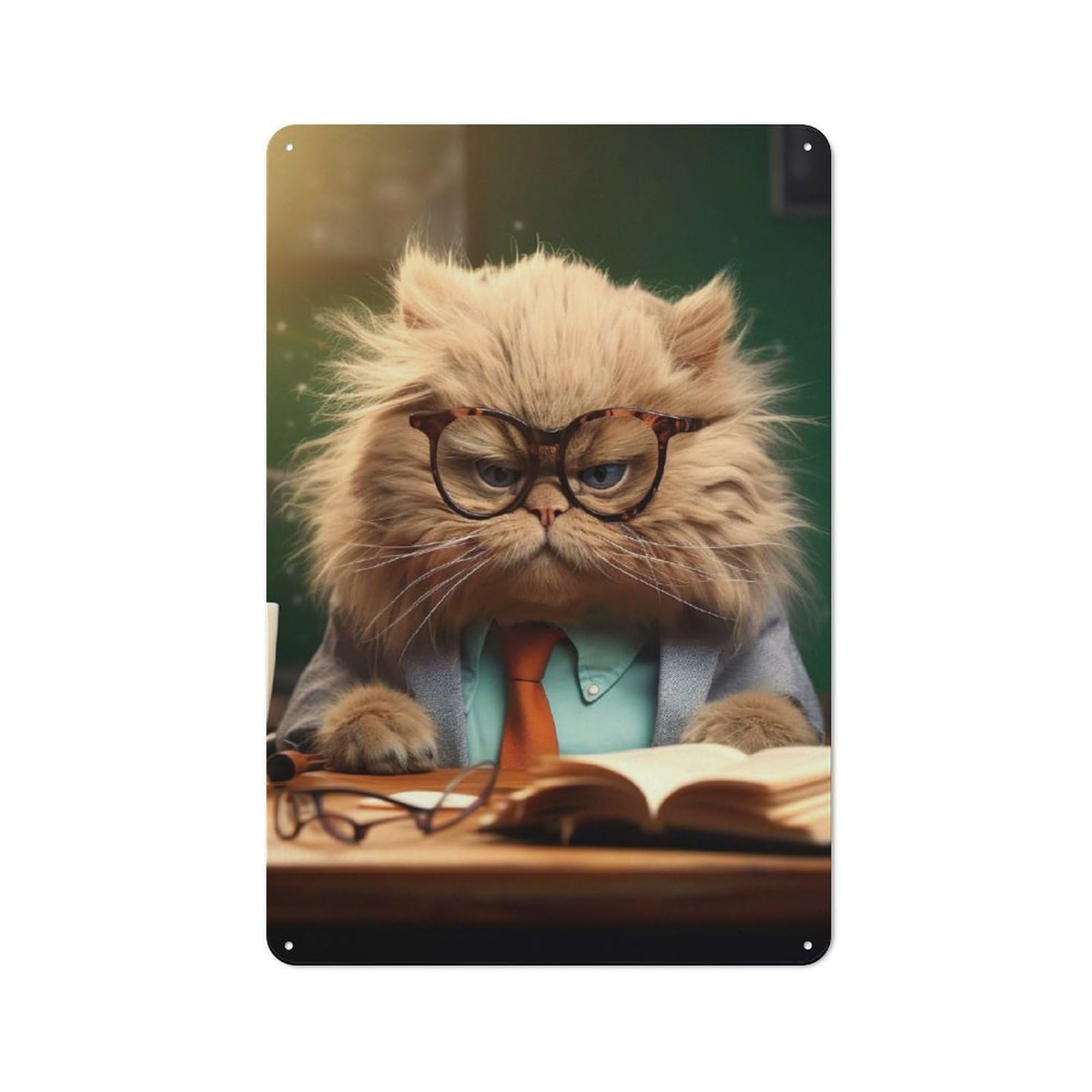 Country Style Angry Teacher Cat Glasses Decorative Metal Sign 30x20cm, Bistro Wall Plaque for Restaurant, Kitchen, Counter Or Breakfast Nook