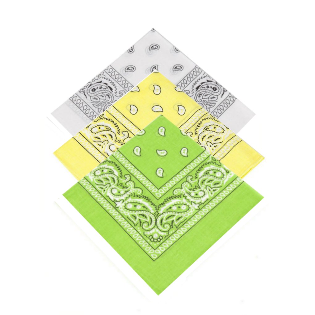 3 x Men's/Women's/Children's Paisley Pattern Bandana Head/Neck Scarf/Neckerchief/Handkerchief/Head Tie 100% Cotton (White,Yellow & Bright Lime Green)
