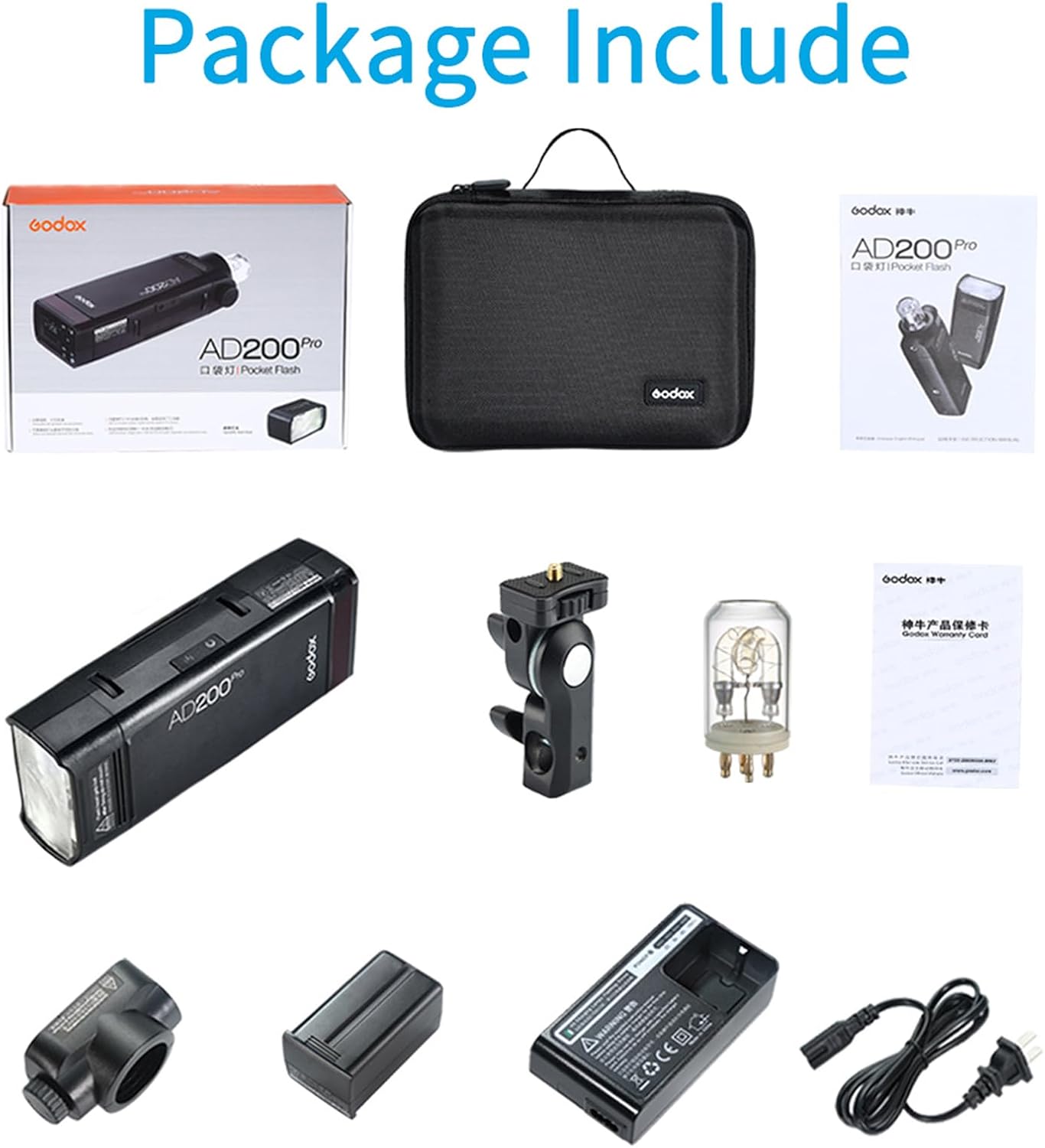 Godox AD200 Pro AD200Pro Pocket Outdoor Flash Strobe, 200Ws 2.4G TTL 1/8000s HSS Monolight, 0.01-1.8s Recycle, 500 Full Power Flashes, GODOX AD 200 Pro with Lithium Battery and Bare Bulb Flash Head