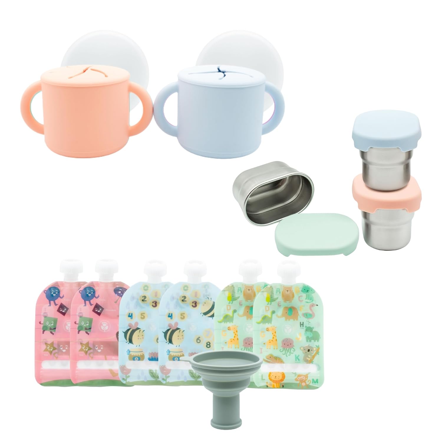 WeeSprout Preschool Snacktime Starter Set | Ages 6+ Months | Reusable Food Pouches, Silicone Snack Cups & Stainless Steel Dip Containers
