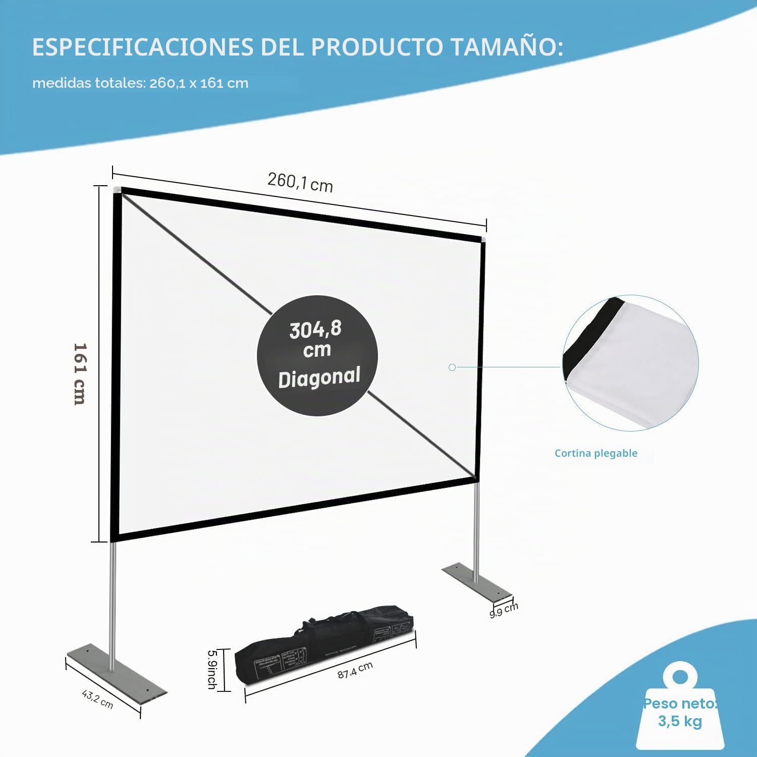 Pantalla de proyección portátil de 120 Pulgadas Frontal 16: 9 Pantalla de película de proyección con Bolso de Mano para Viajes de Teatro en el Patio Trasero de un Teatro doméstico Interior y Exterior