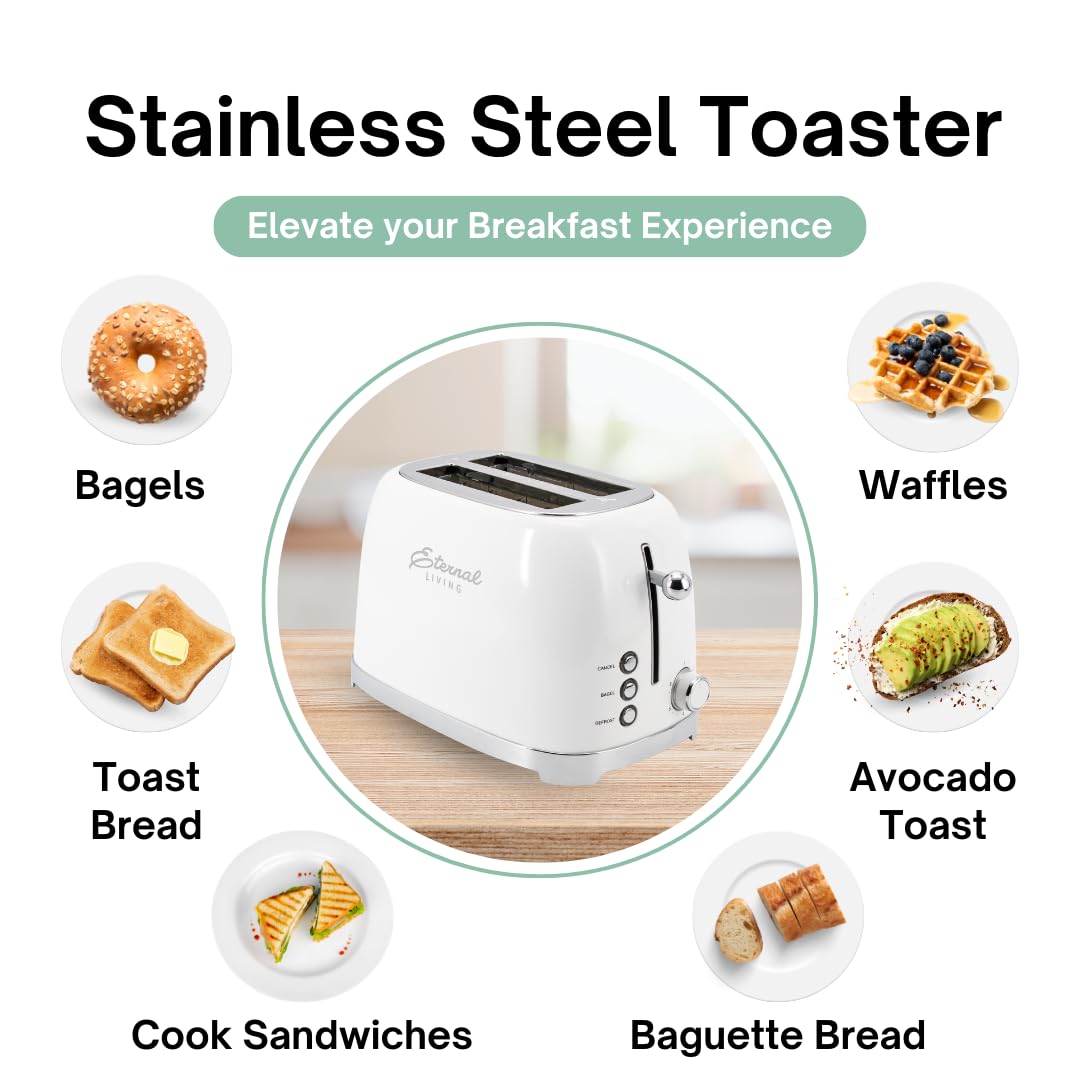Vintage Stainless Steel Toaster - 2 Slice Wide Slot, 6 Shade Settings - Bagel, Waffle & Bread - Cancel & Defrost