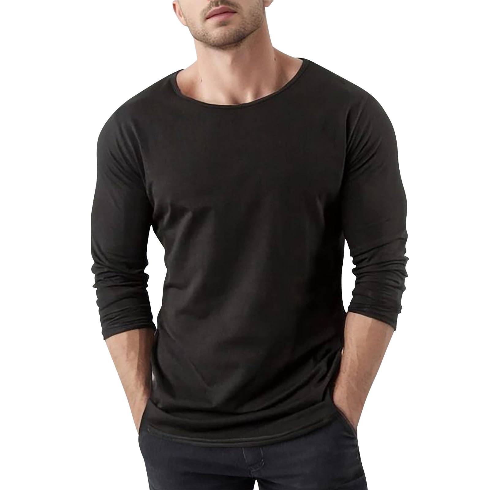 LEROTUKI Men's Long Sleeve Cotton T-Shirt - Basic Casual Funny Graphic Tee, Black