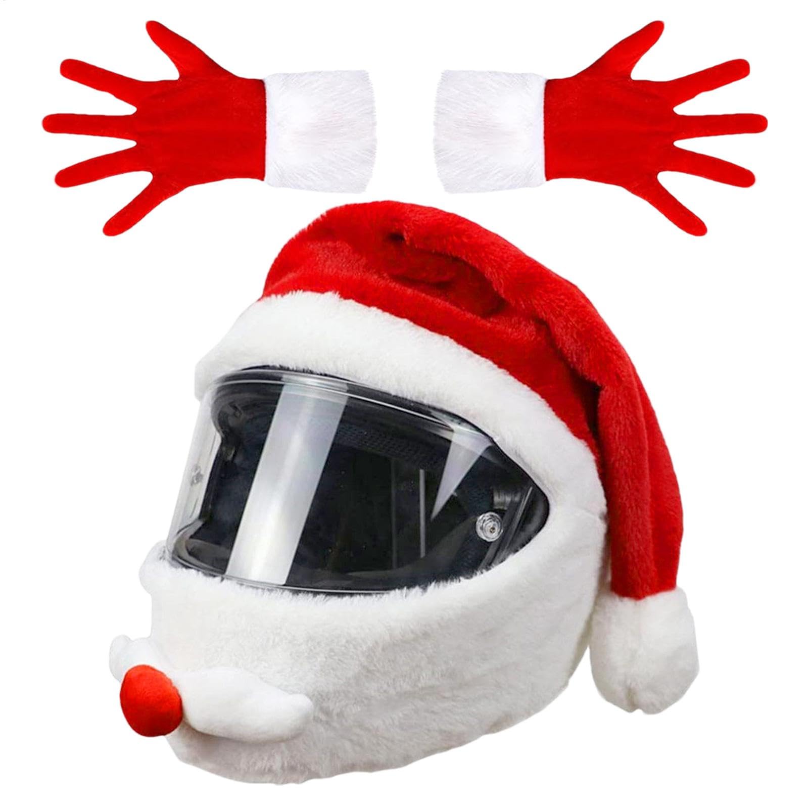 Santa Motorcycle Helmet Cover, Santa Hat for Motorcycle Helmet, Plush Motorbike Helmet Cover with Gloves, Funny Full Helmet Cover Christmas