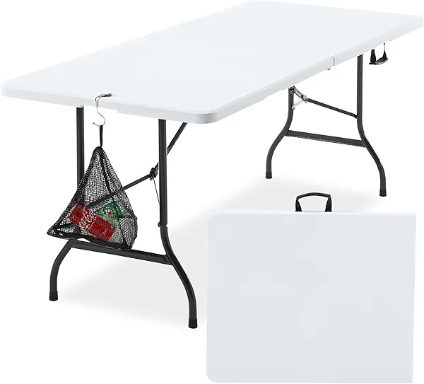 VECELO 6Ft Folding Picnic Table,Portable Plastic Table with Mesh Trash Bag Indoor Outdoor,Heavy Duty Foldable Camp Desk with Handle Legs for Dining Wedding&Party,Ivory White