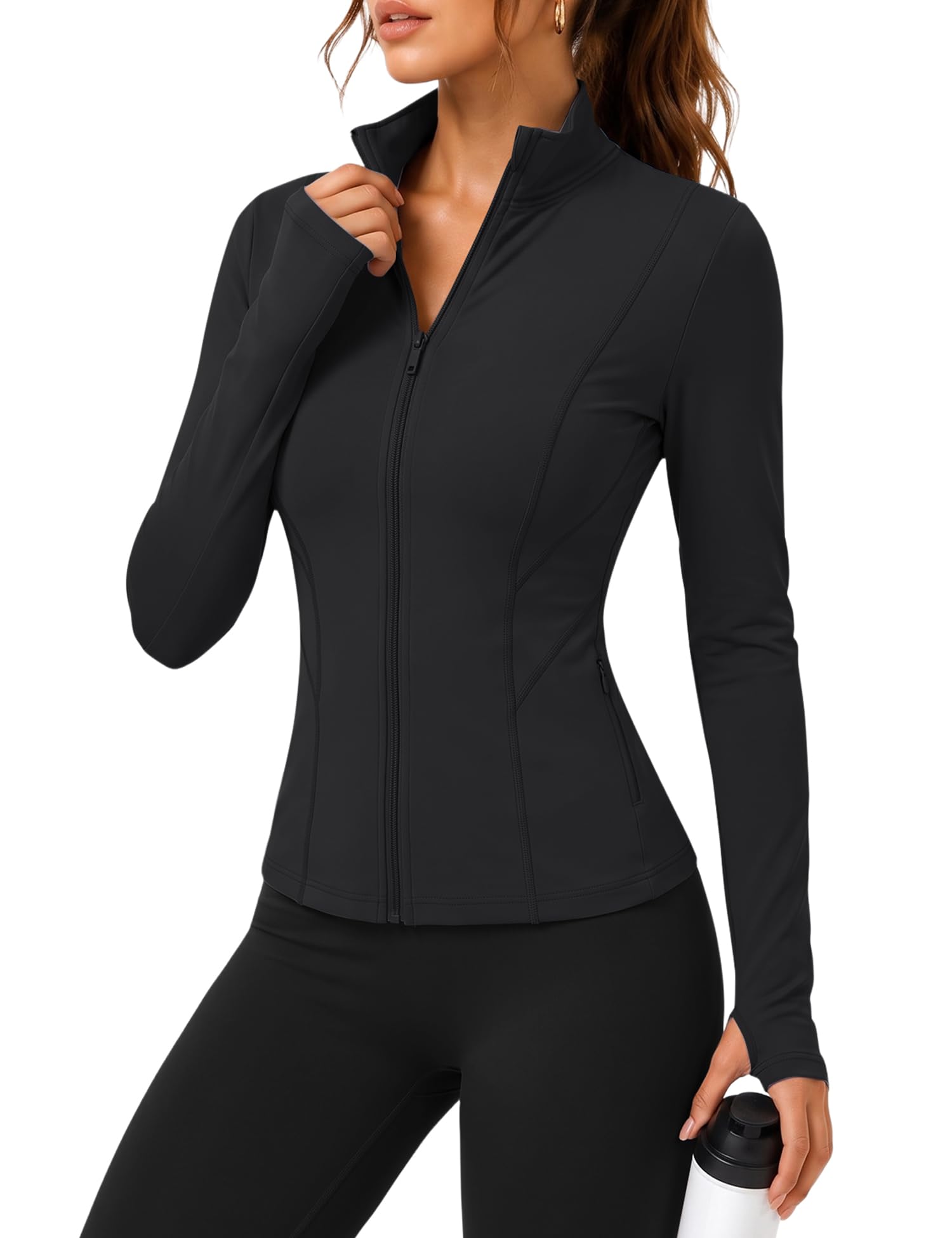 Rapbin Women's Slim Fit Workout Jackets Full Zip Long Sleeve Running Athletic Tops Yoga Shirts with Thumb Holes