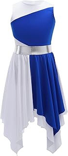 TSSOE Kids Girls Color Block Asymmetrical Lyrical Contemporary Dance Dress Sleeveless Praise Dance Tunic Bluewhite 6 Years