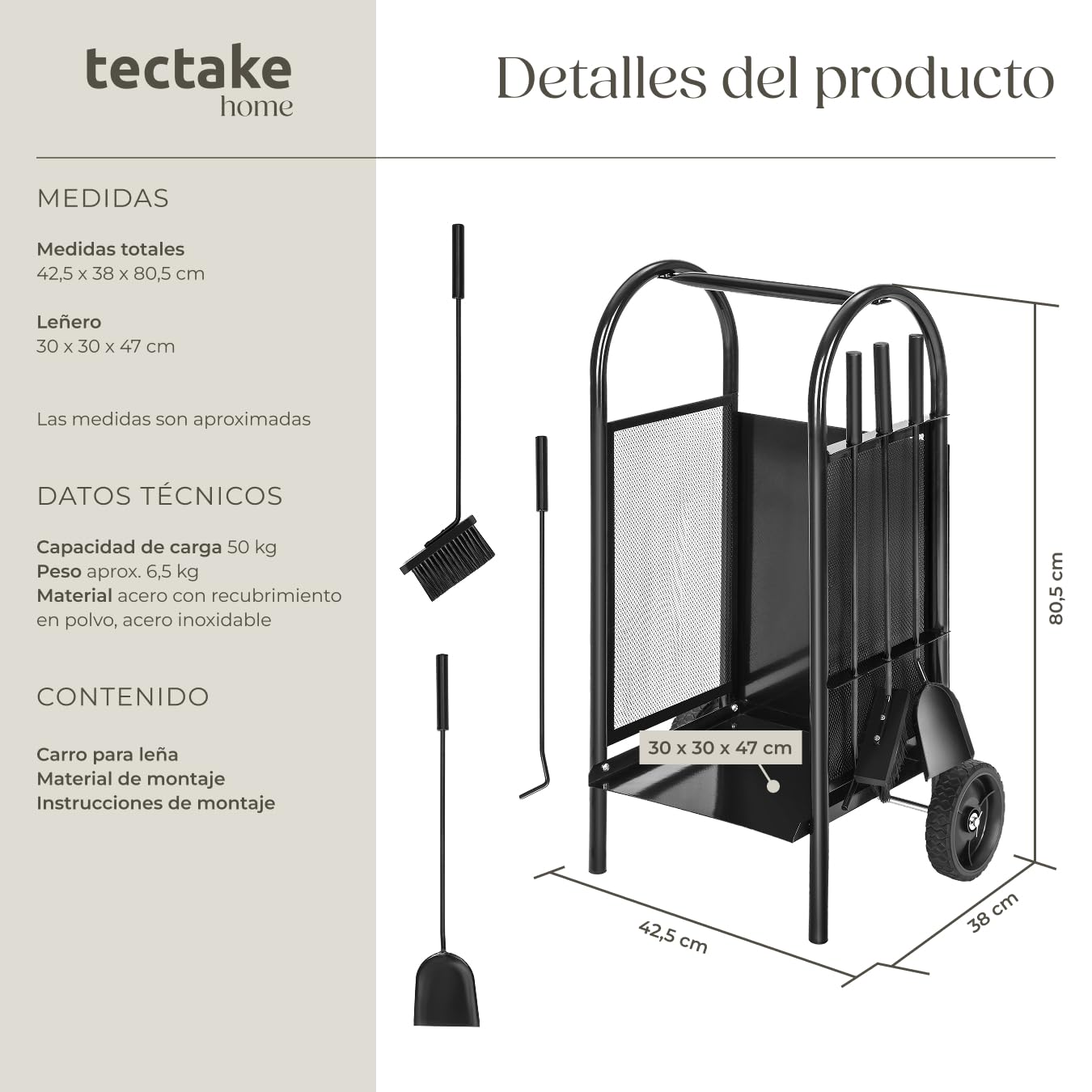 tectake® Leñero Exterior e Interior, Carro con Ruedas, Estructura de Acero Perforado, Almacenamiento Exterior Práctico, con Herramientas Chimenea, Carretilla, Leña para Chimenea - 42,5 x 38 x 80,5 cm