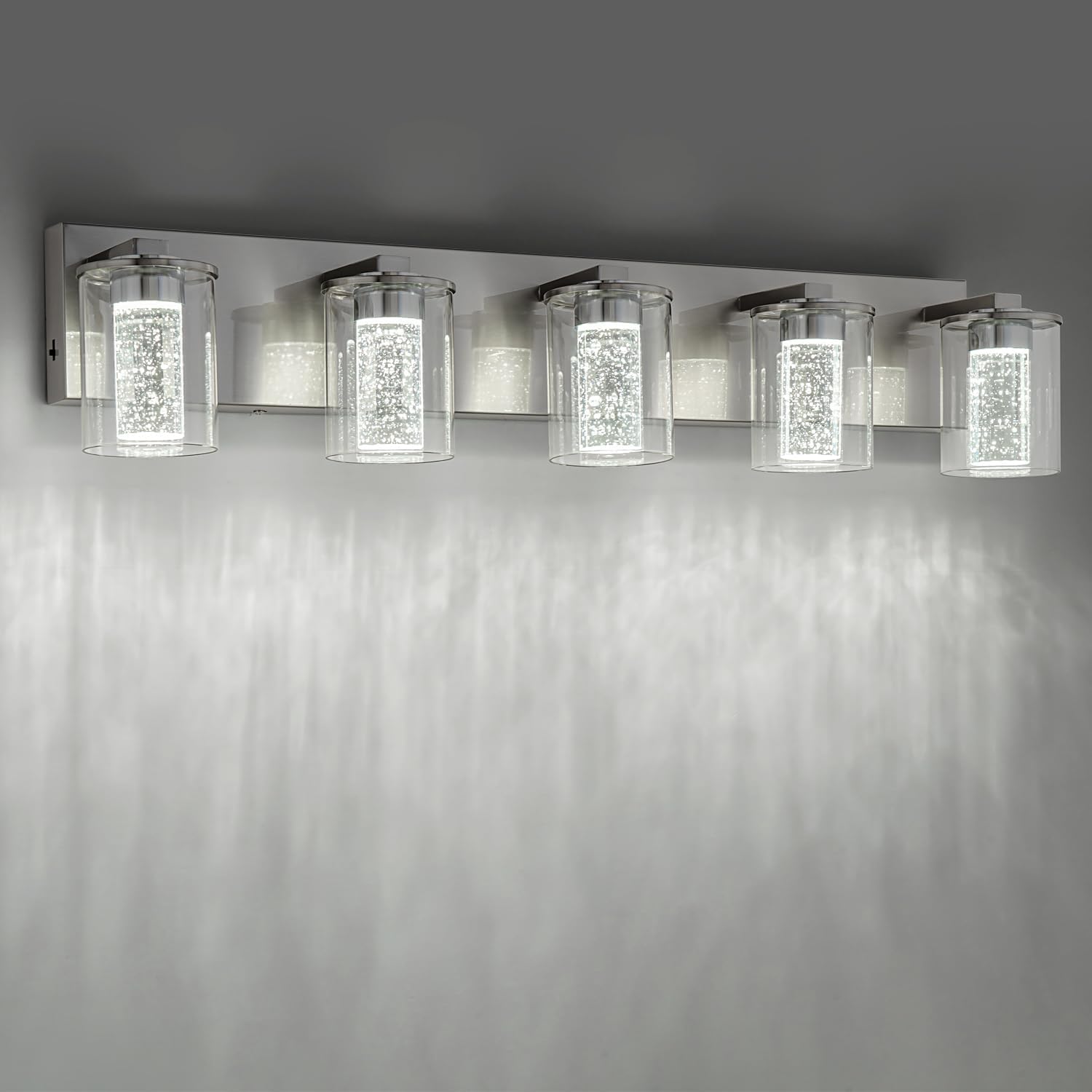 Brushed Nickel Vanity Light (5-Light, 32-Inch), (3000K/4000K/6000K, Dimmable), Eye Protection LED Bathroom Light Fixture, Modern Wall Light Over Mirror with Clear Glass Shade