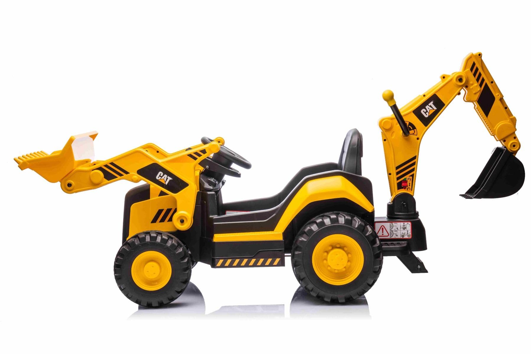 Lizensierter Caterpillar Elektrobagger mit Hang- und Grabschaufel, Einzelsitz, Gelb, USB-Anschluss am MP3-Player, Heckantrieb mit 2 x 30W Motoren und Lithium-Batterie