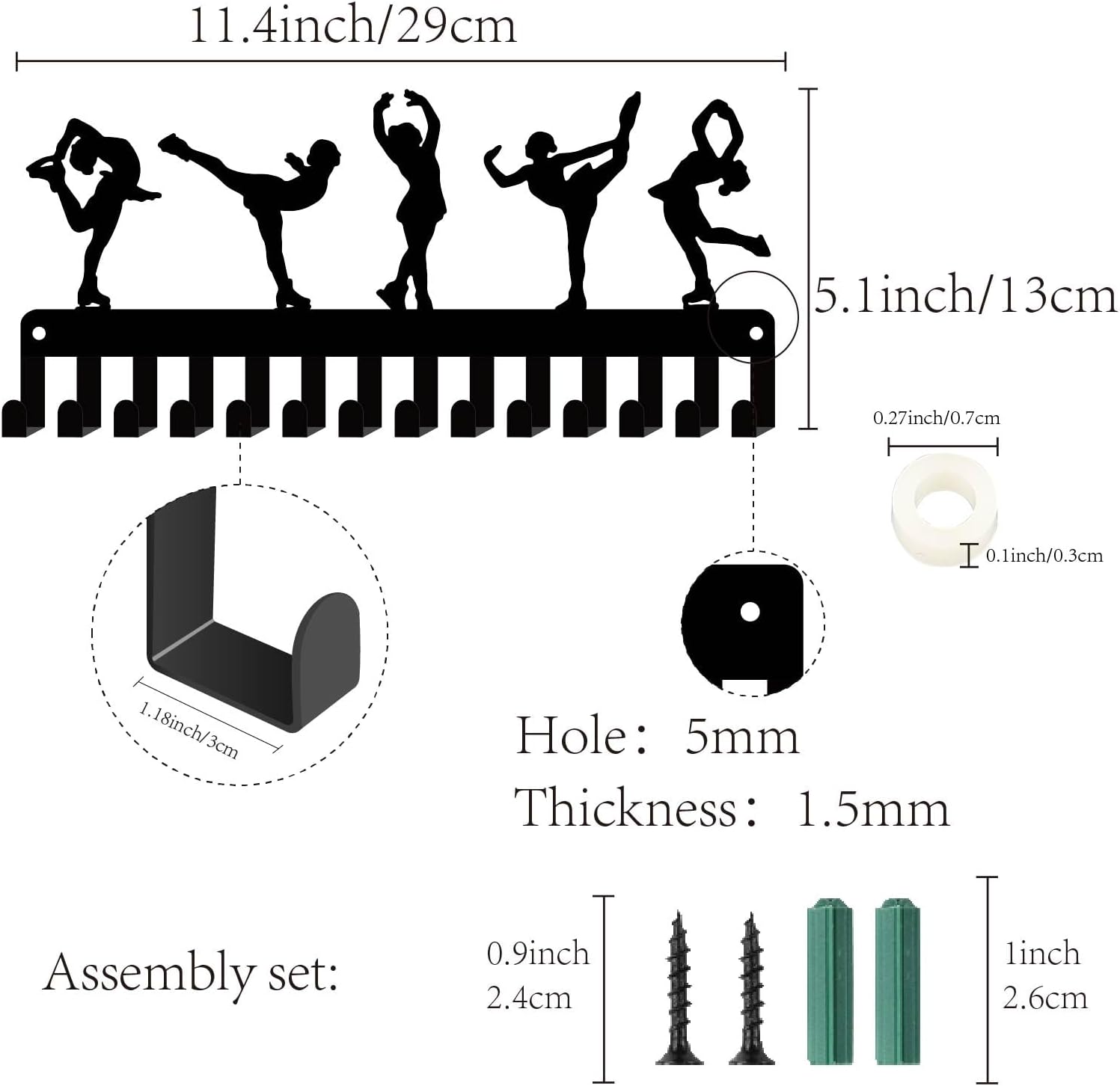 CREATCABIN Figure Skating Medals Holders Medal Display Hanger Small Rack Organizer Metal Ribbon Shelf Stand Frame Decor Wall Mounted Hanging with 14 Hooks for Athlete Sporter Black 11.4 x 5Inch