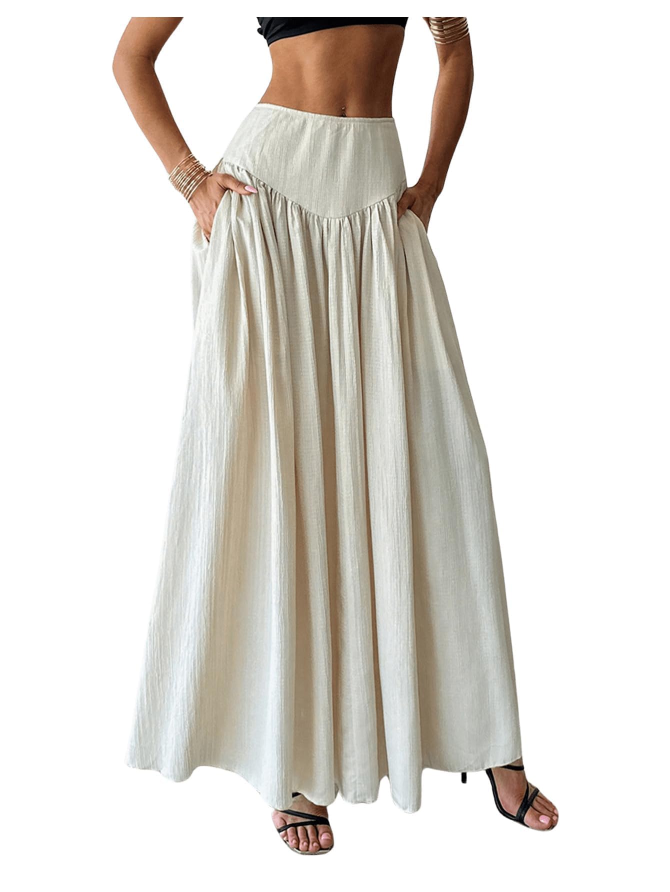 Women's Long Pleated Flowy Maxi Skirt High Waist with Pockets Casual Boho Fashion Style Skirt