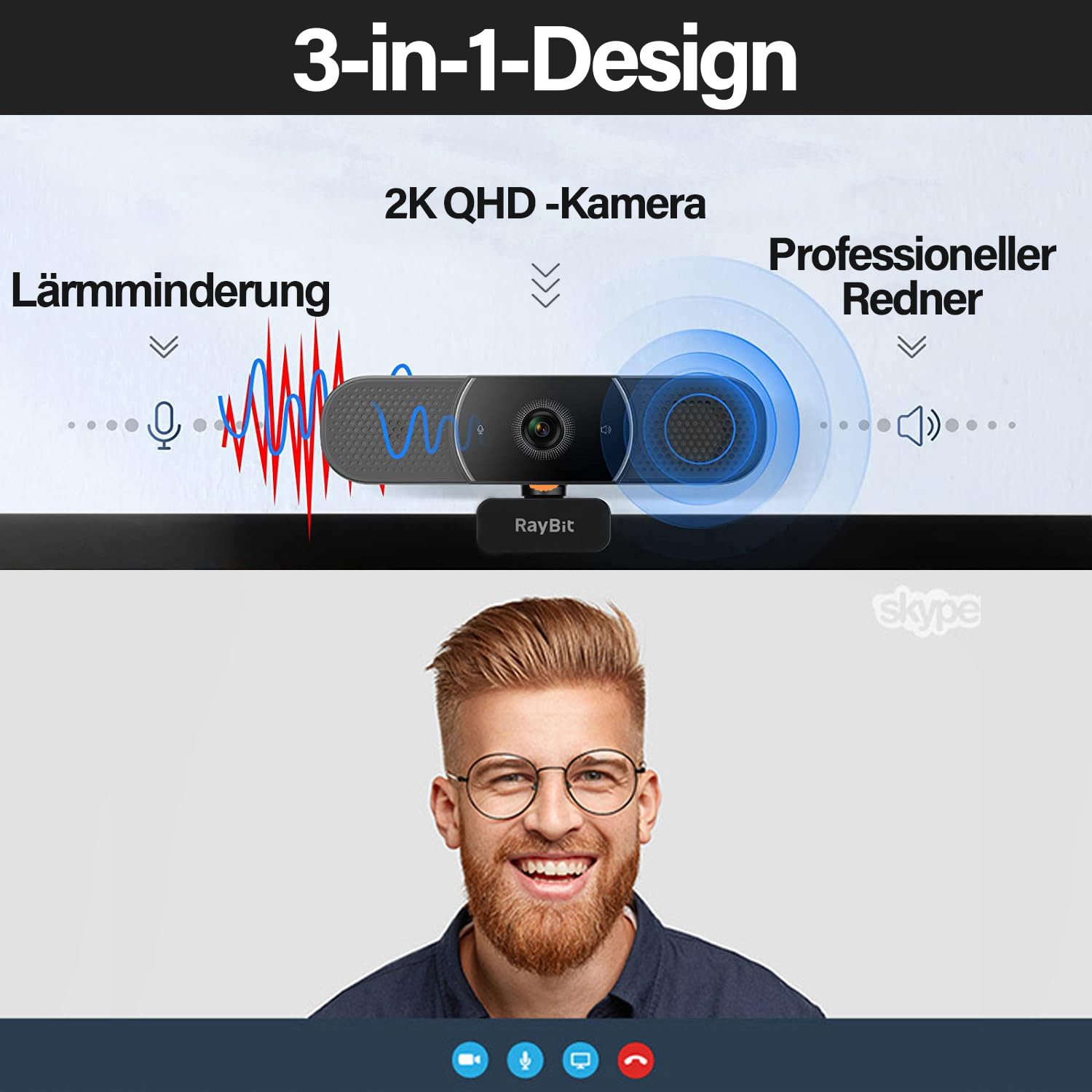 3-in-1 Webcam - 2K HD Webcam mit Mikrofon, Lautsprecher und Abdeckungen, Klarer Stereo-Sound & Belichtungskorrektur & Autofokus, USB Web Kamera für Desktop Computer/PC/Laptop/Zoom/Skype/Teams