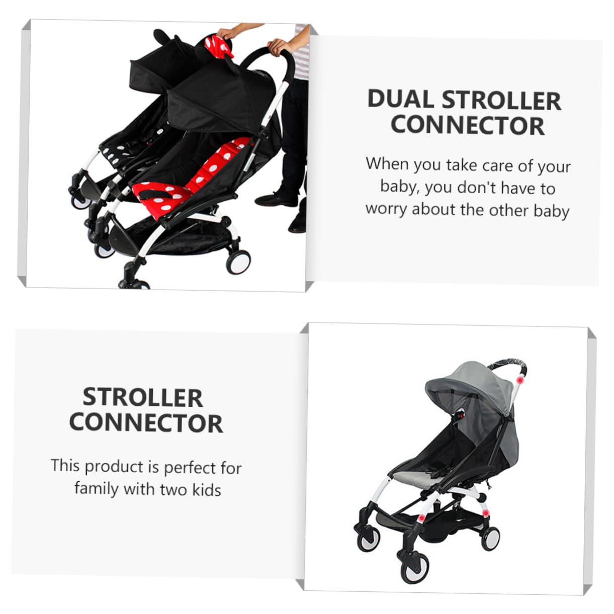 3 pièces Connecteur de Poussette Réglable pour Jumeaux Accessoires et Durables pour Relier Deux pour et Sortie Famille