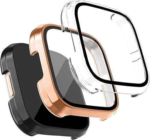 Tobfit - Protector de pantalla para Fitbit Versa 2 con funda protectora de vidrio templado HD funda rígida de policarbonato de cobertura completa