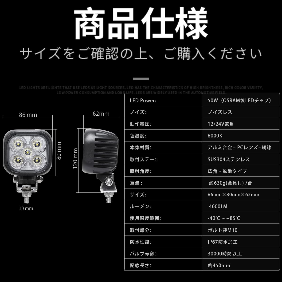 Amazon.co.jp: 【1台】led作業灯 12v24v コンパクト 小型 角型 50w 