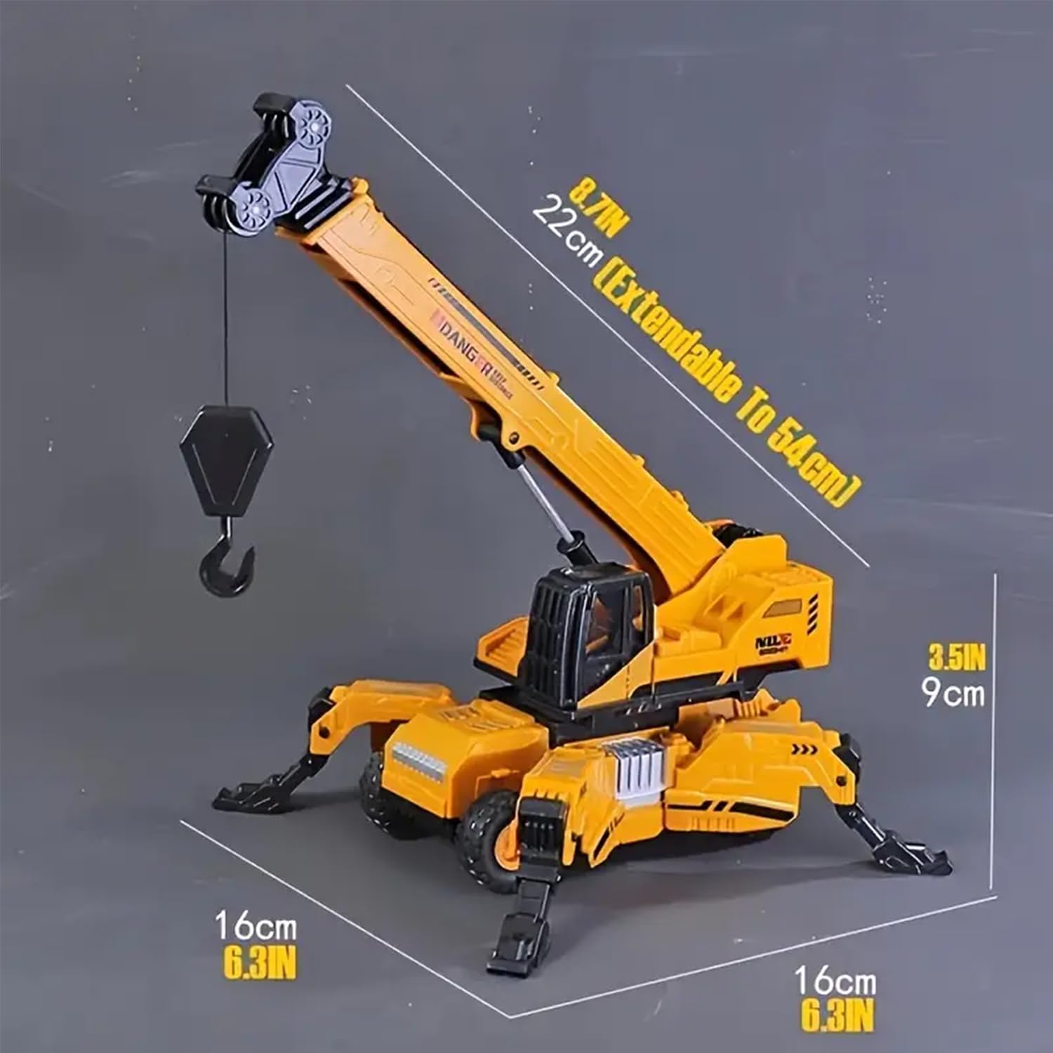 PROBABE 1:50 Diecast Friction Powered Lifting Long Crane Toy with Cable 360 Degree Rotating Towing Model Toy with Movable Wheel Construction Vehicles Truck for Kids Boys Girls 1