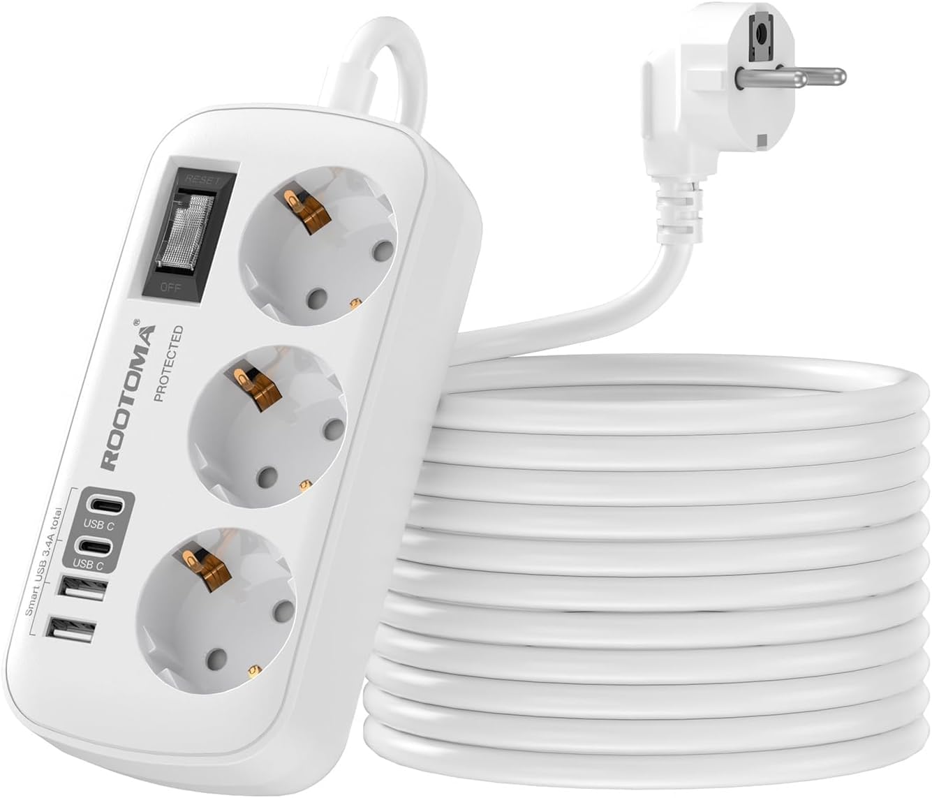 Regletas Enchufes con USB, Protección Sobretensión, 3 Tomas con Interruptor, Enchufe Múltiple de Carga 2 USB C y 2 USB A (5V/3,1A), Cable 1,5m, Ideal para Viajes y Hogar, 16A/4000W — view 9