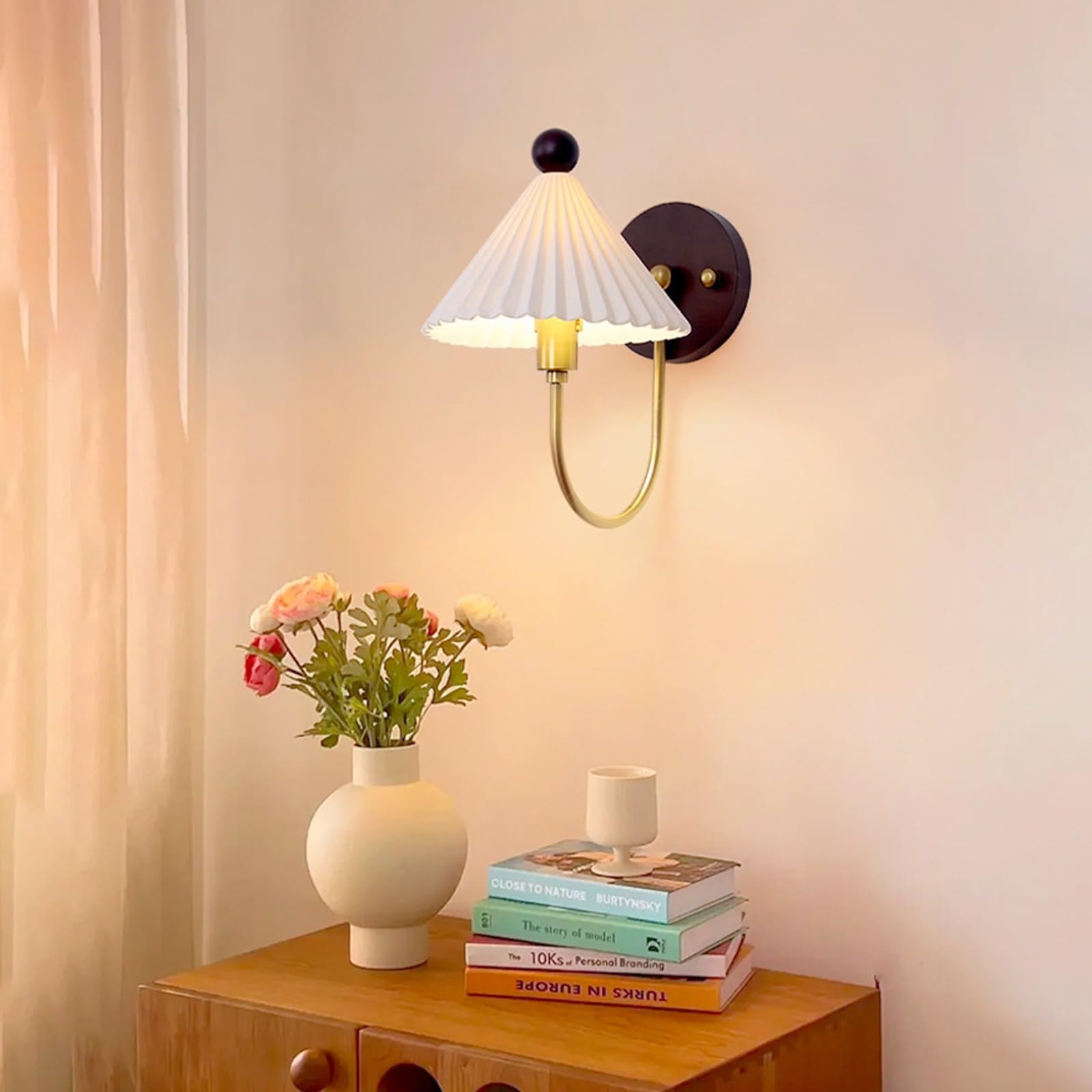 Aplique de Pared Moderno de Mediados de Siglo, lámpara de cerámica Plisada, iluminación Decorativa para Interiores, lámpara de Pared de Metal con Base Redonda de Madera, Casquillo
