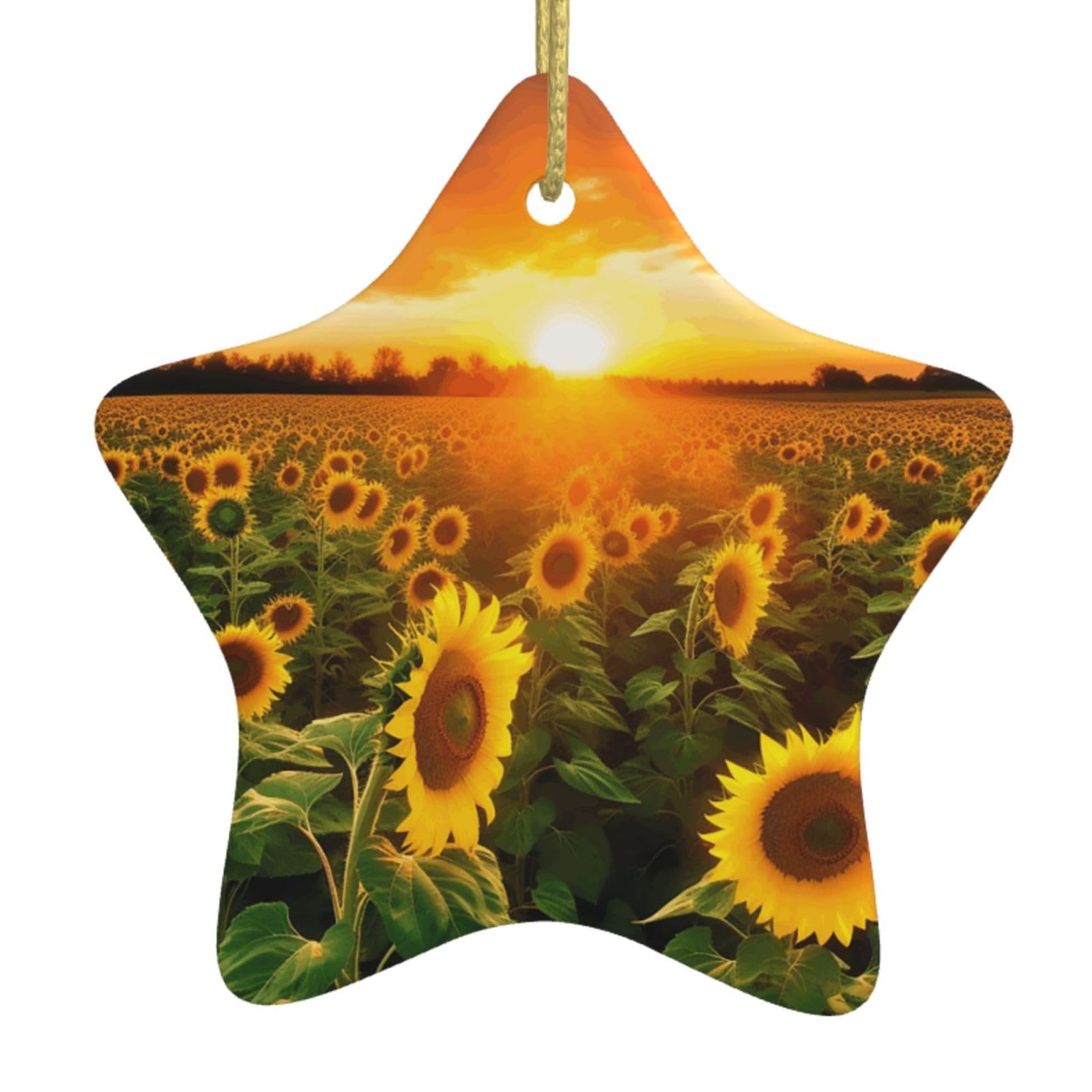Ceramic Christmas Tree Hanging Ornaments with Gold Ropes Christmas Tree Decorations Star Ceramic Sunflower Field Sunset Pendant Keepsake Decorations for Holiday Xmas Gift Ideas
