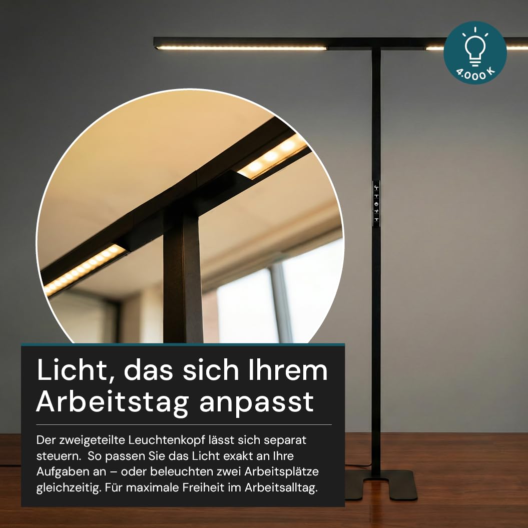 LUXULA Büro Stehleuchte LED Up/Down - Stehlampe Büro für Schreibtisch Homeoffice, dimmbar per Touch - 90W 5000lm, 4000K Neutralweiß, UGR<16 blendarm, CRI 98 farbtreu, Automatikdimmung, Schwarz