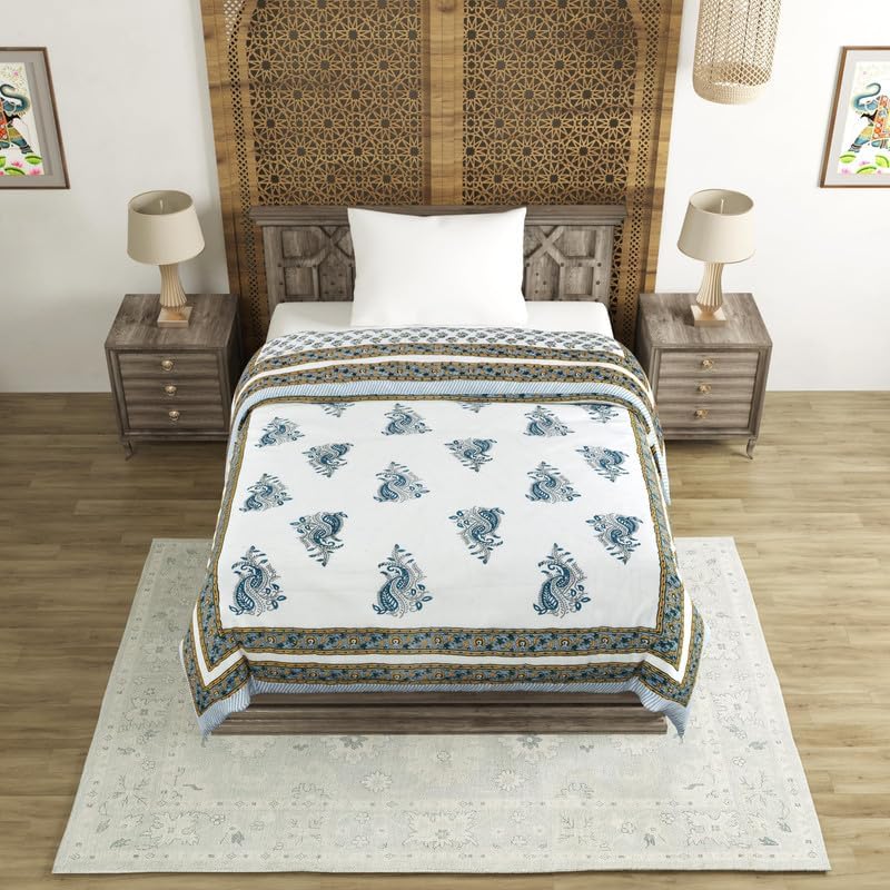 Image of BLOCKS OF INDIA Cotton Single Size Quilt Hand Block Print for Light Winters (60x90 Inches) (Grey Yellow BUTI)-300 TC