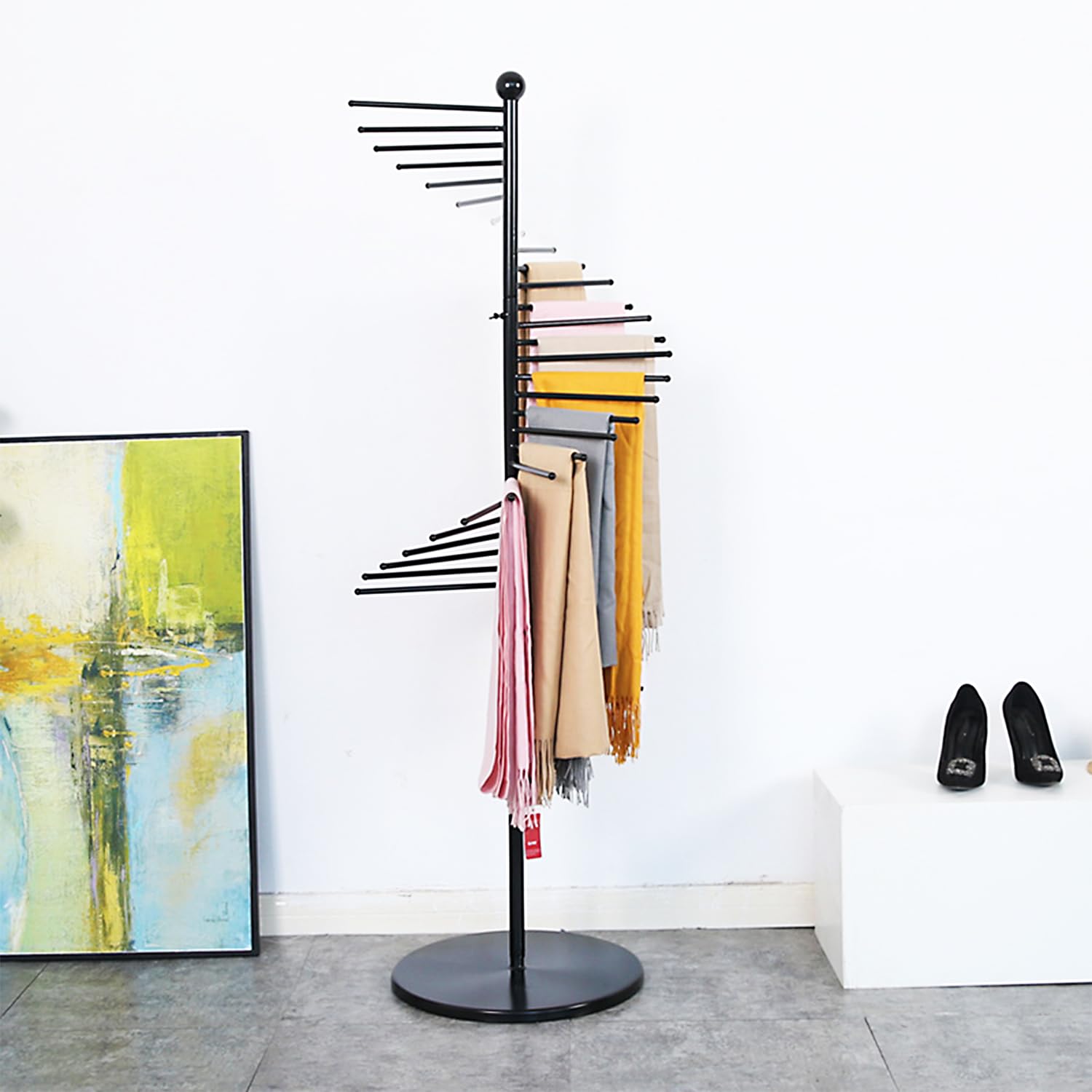 UWYTGF Metal Scarf Rack,Rotating Scarf Display Stand,30 Rods Hijab Organizer Stand,Freestanding Scarf Display Rack with Stable Base,for Home,Cloakroom,Clothes Shop,Black