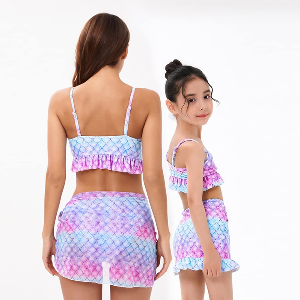 Mommy and Me Swimsuits Family Matching Swimwear Women Girls Retro Boho Flounce Falbala High Waist Bikini Set Halter Mermaid Scale Print Two Piece Swimsuit Bathing Suits Purple Mermaid 4-5 Years