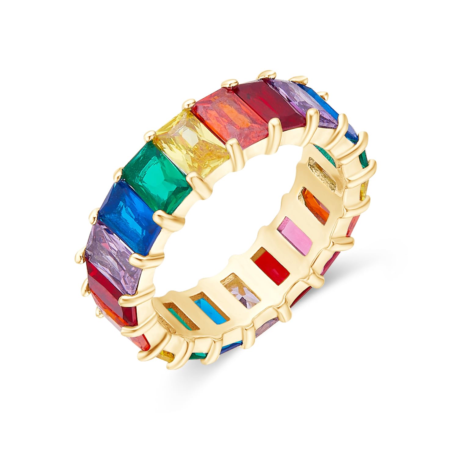 AFFY Eternity Rainbow Ring 18K Gold Plated Emerald-Cut Multi Color AAA Created-Gemstone Rainbow Ring, Stackable Ring, Wedding Band for Women, Gift For Her