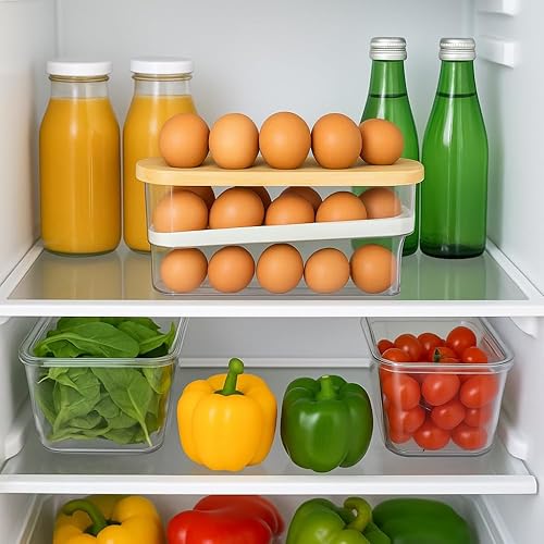 Miniatura 8 de Dispensador de 18 huevos para refrigerador, organizador duradero con tapa de madera, contenedor de almacenamiento de huevos que ahorra espacio