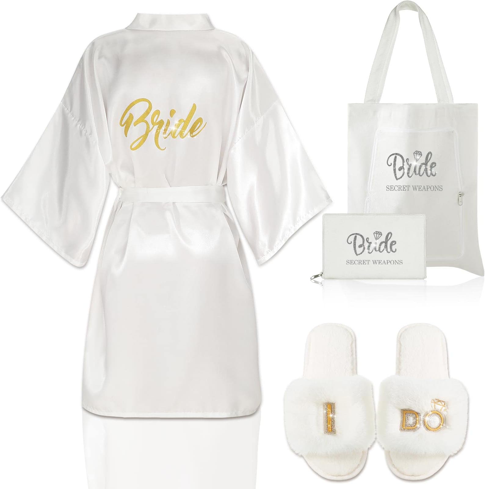 4 Pcs Bride Wedding Slippers, Bridal Gifts, I Do Slippers, Bridesmaids Short Satin Robes, Foldable Tote Carry Bags