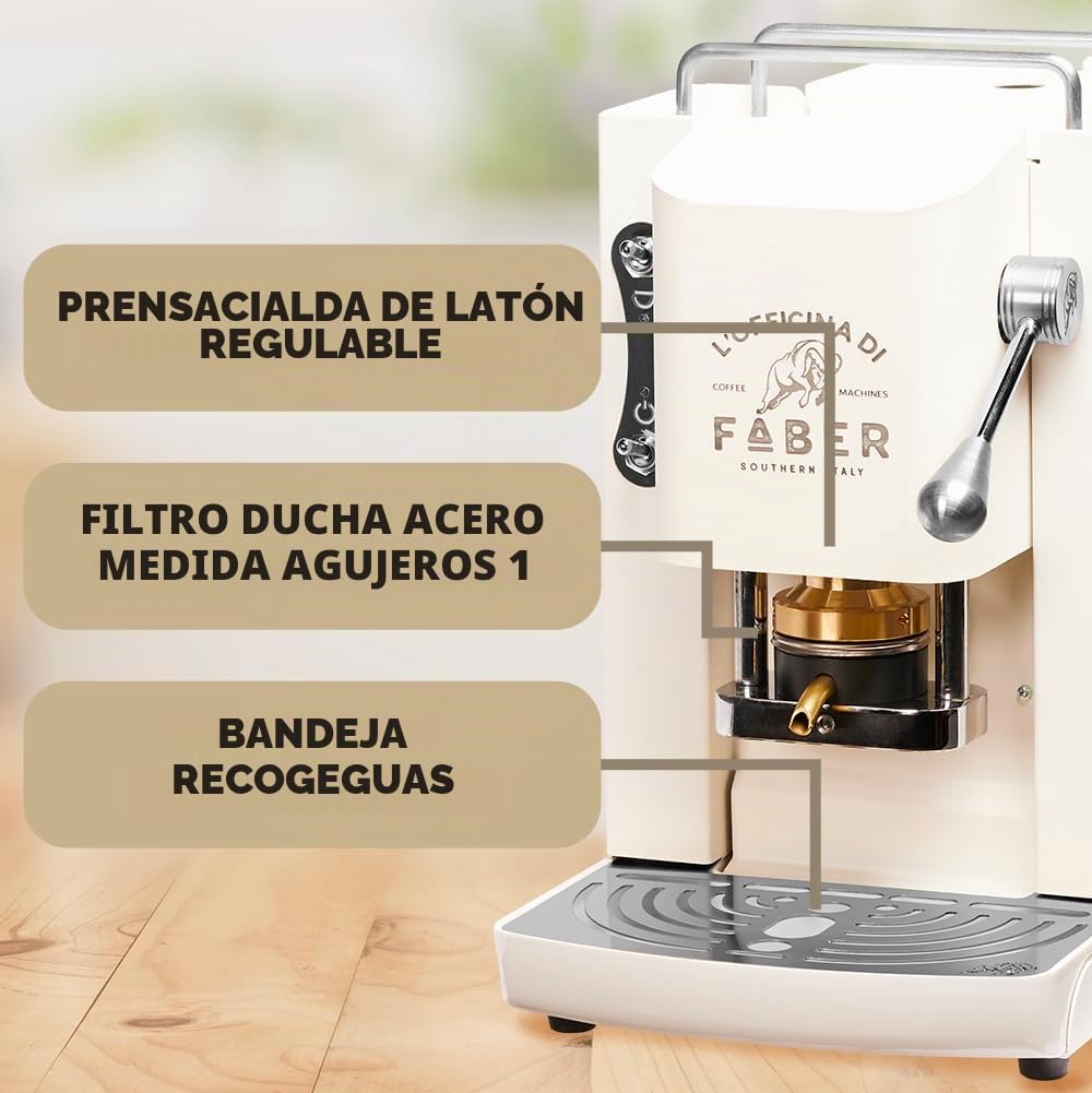 FABER COFFEE MACHINES | Modelo Pro Deluxe | Cafetera monodosis ese 44 mm | acabados cromo | Prensacialda de latón (Pure White)