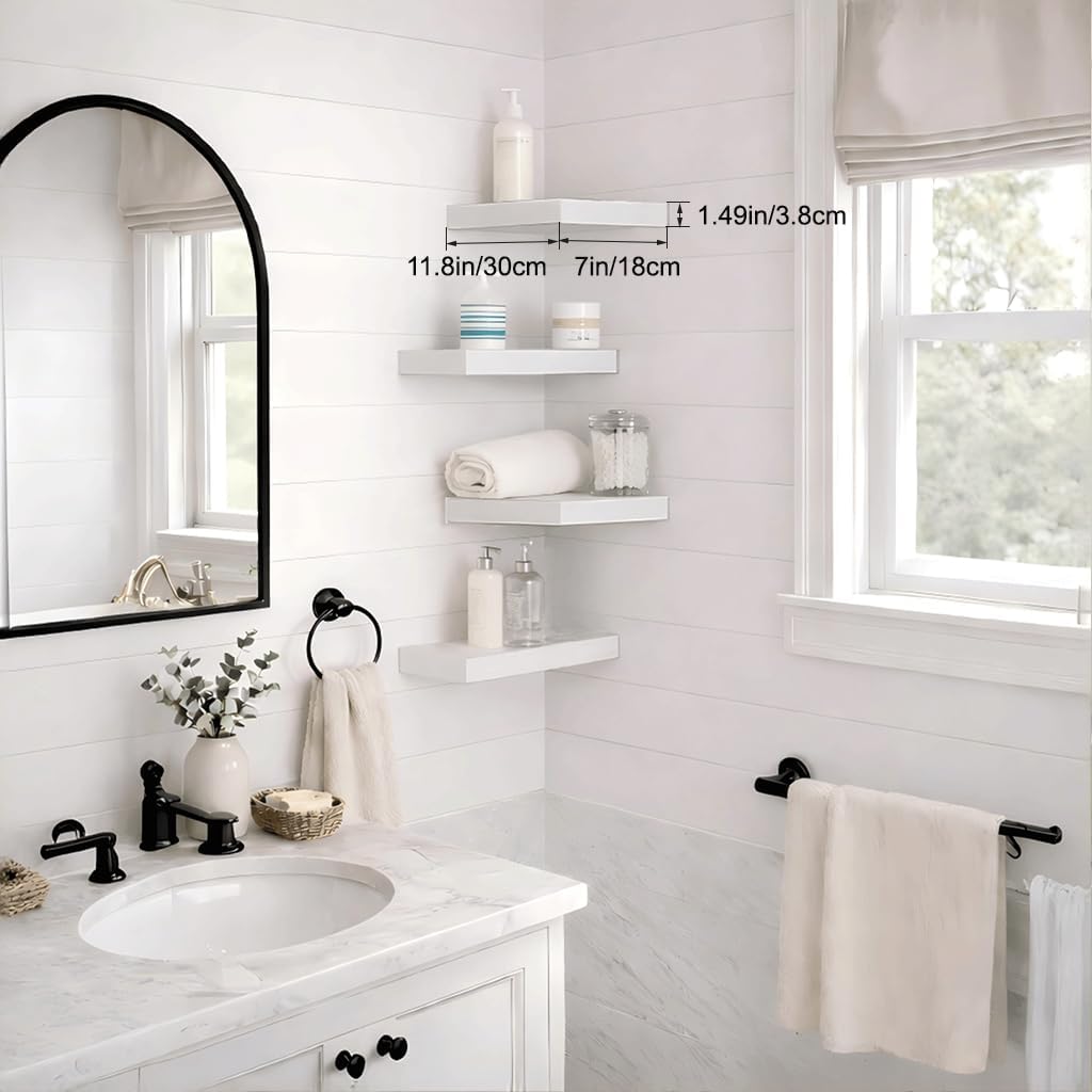 White Floating Wall Shelves 4-Pack, 11.8" Small Bathroom Over Toilet Floating Shelves, Premium Decorative Wall Mounted Shelves for Modern Storage & Display, Perfect for Living Room, Bedroom