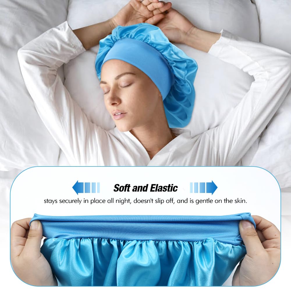Yoosit 6 Pack Colors Satin Lined Silky Sleeping Bonnets Sleep Caps Curly Long Hair Protector Night Large Adjustable Wide Brim Band Sleep Hats Hair Wraps for Women Men Girl (Neutral Colors) - Image 4