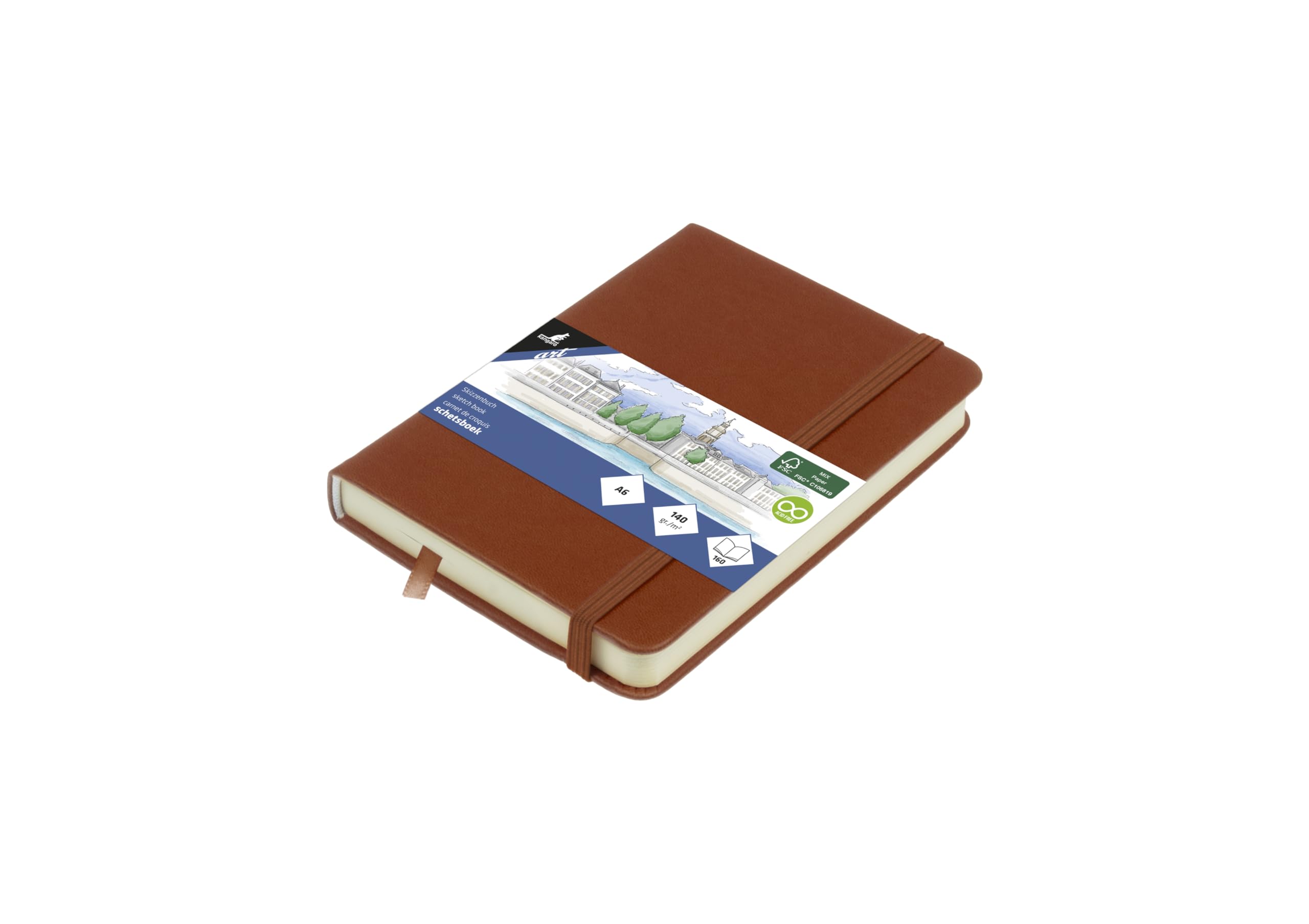 Kangaro Art Sketchbook A6 Cognac PU Hard Cover, 80 Sheets, 140 g Cream Paper with Elastic Band and Ribbon