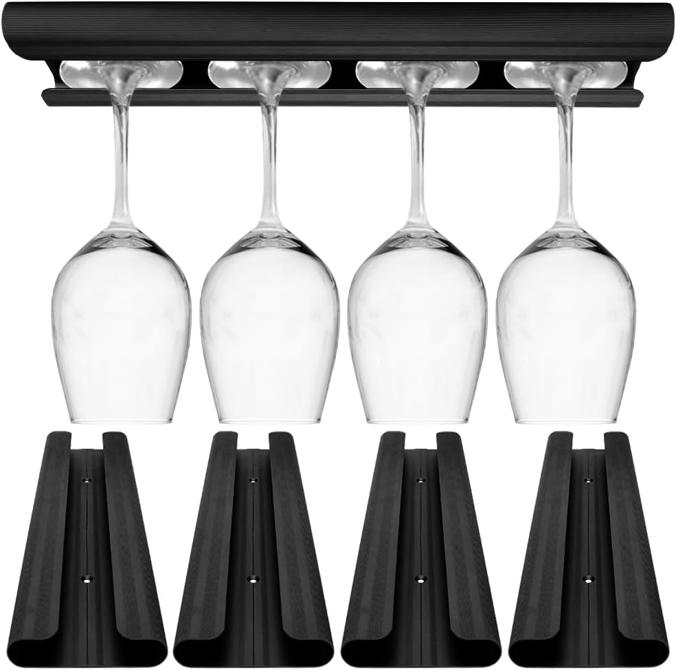 Aluminum Wine Glass Rack 4 Pack Black, Under Cabinet Wine Glass Holder, Under Shelf Mounted Stemware Rack for Kitchen, Bar, Living Room
