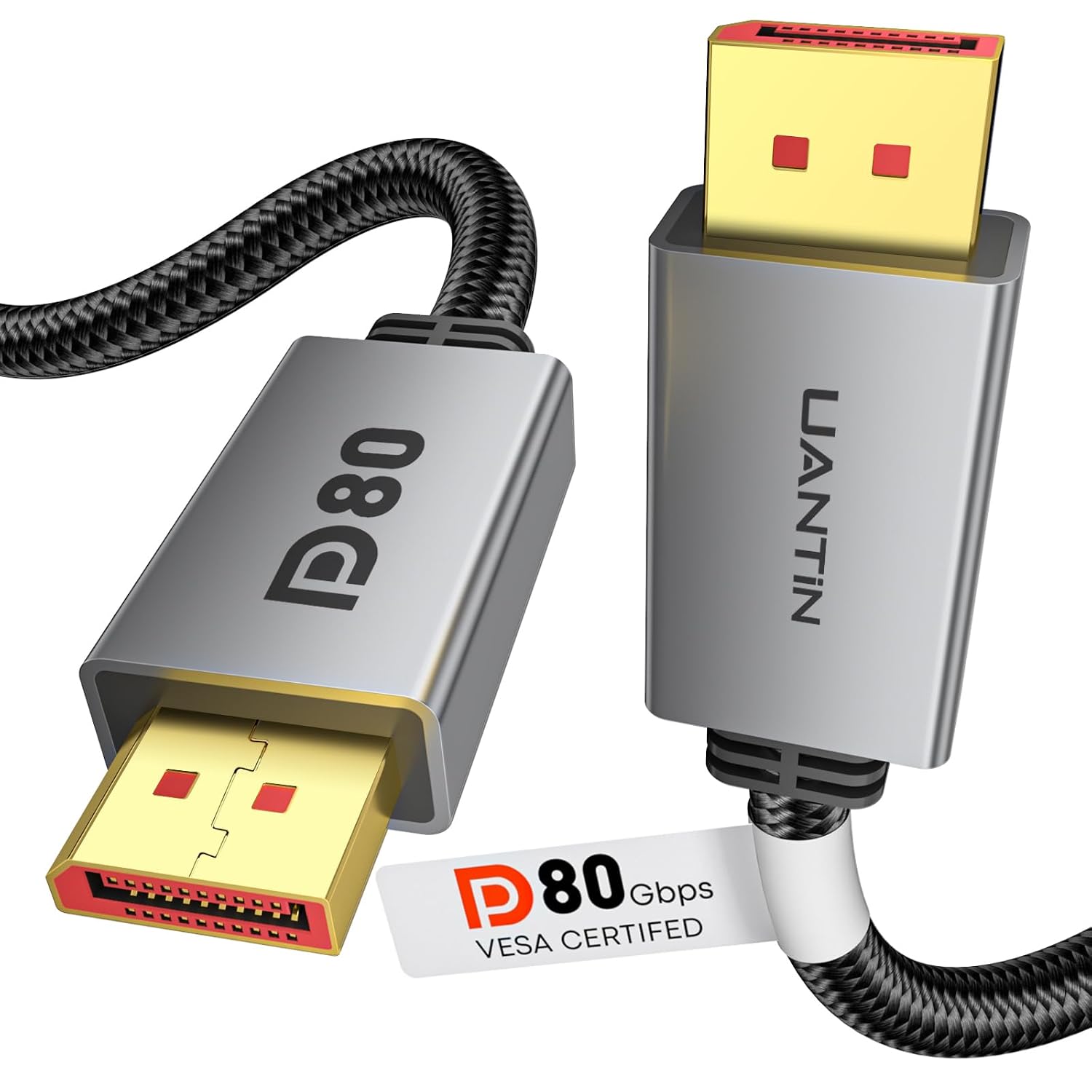 UANTIN 80Gbps DisplayPort 2.1 Cable 6.6FT/2M [VESA Certified], [DP80 8K@240Hz 4K@540Hz/360Hz/240Hz] 16K Display Port 2.1 Cord Support HDR HDCP DSC Compatible DP 1.4, Gaming Monitor RTX 5090 7900XTX