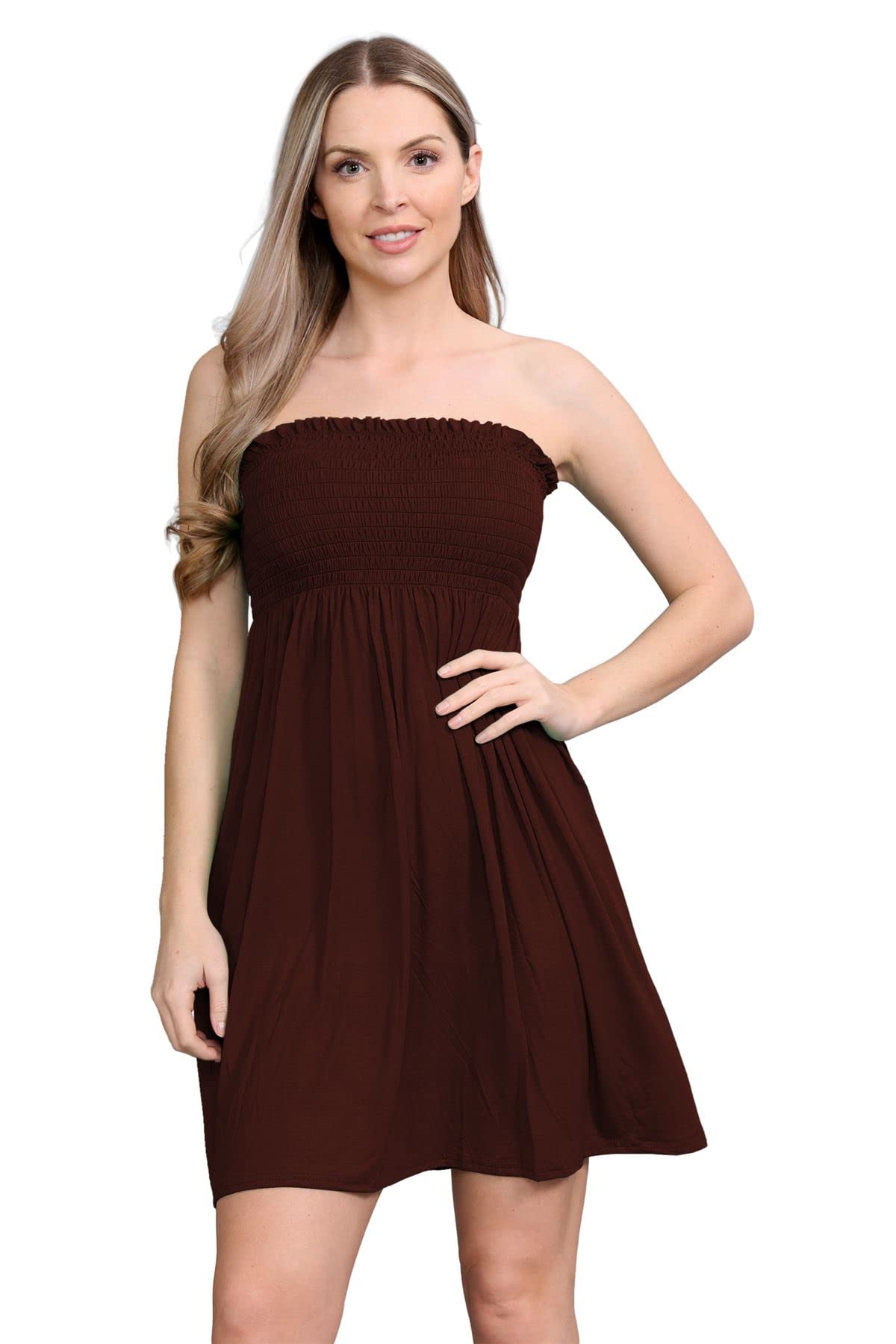 Janisramone Women's Brown Janisramone® Bandeau Dress, Boob Tube Sheering Ruched Flared Mini Dress, Plain Strapless Summer Dresses, Perfect Holiday & Beach Dresses For Uk