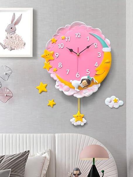 Amazon Co Jp 子供部屋の壁時計 寝室のキッチンのリビングルームの装飾創造的な月の女の子の振り子付きの漫画の壁時計 静かな非カチカチ音をたてる ホーム キッチン