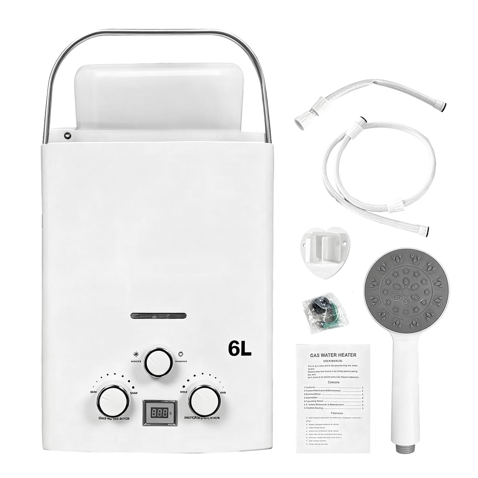 Durchlauferhitzer 6l, 12KW Durchlauferhitzer Gas Tragbarer Wohnmobil Camping Mobiler Warmwassergerät mit Griff und Duschkopf für Außendusche Garten Camping Dusche Caravan 40x30x13cm